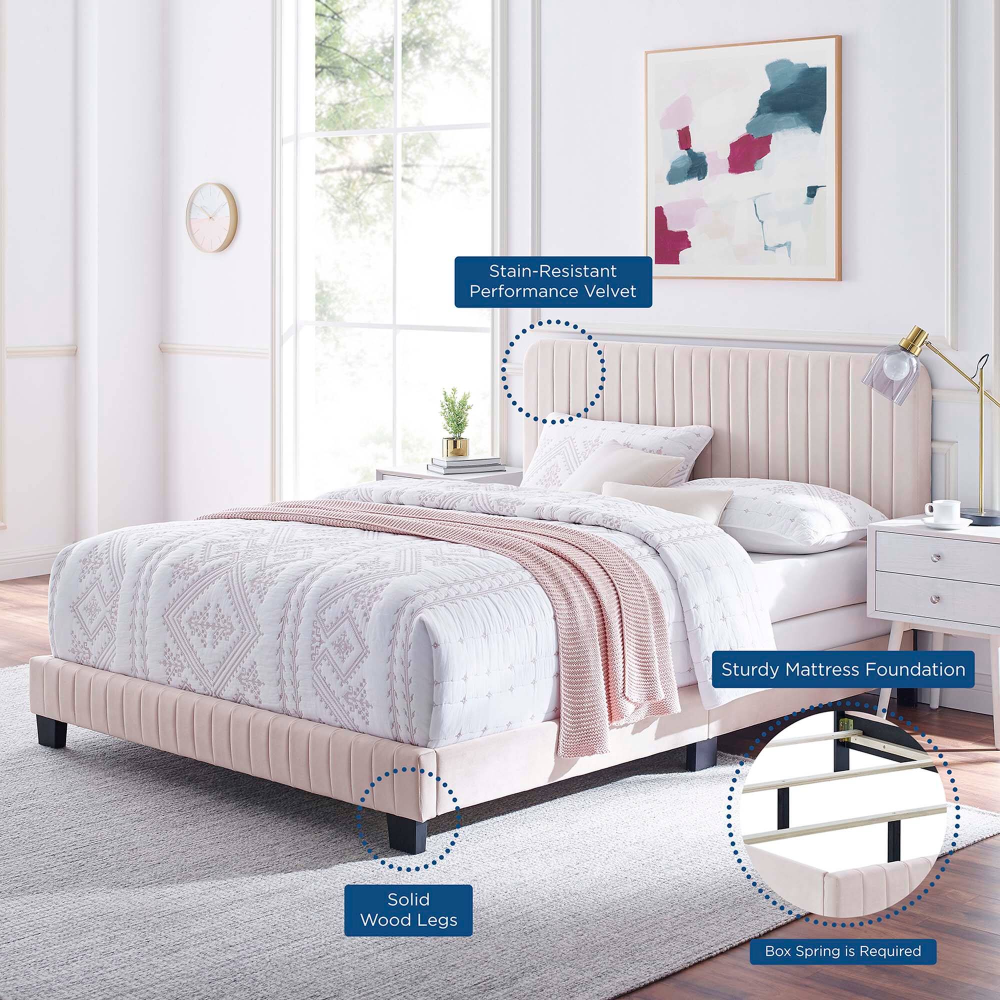 - Stain-Resistant Performance Velvet
- Sturdy Mattress Foundation
- Solid Wood Legs
- Box Spring is Required