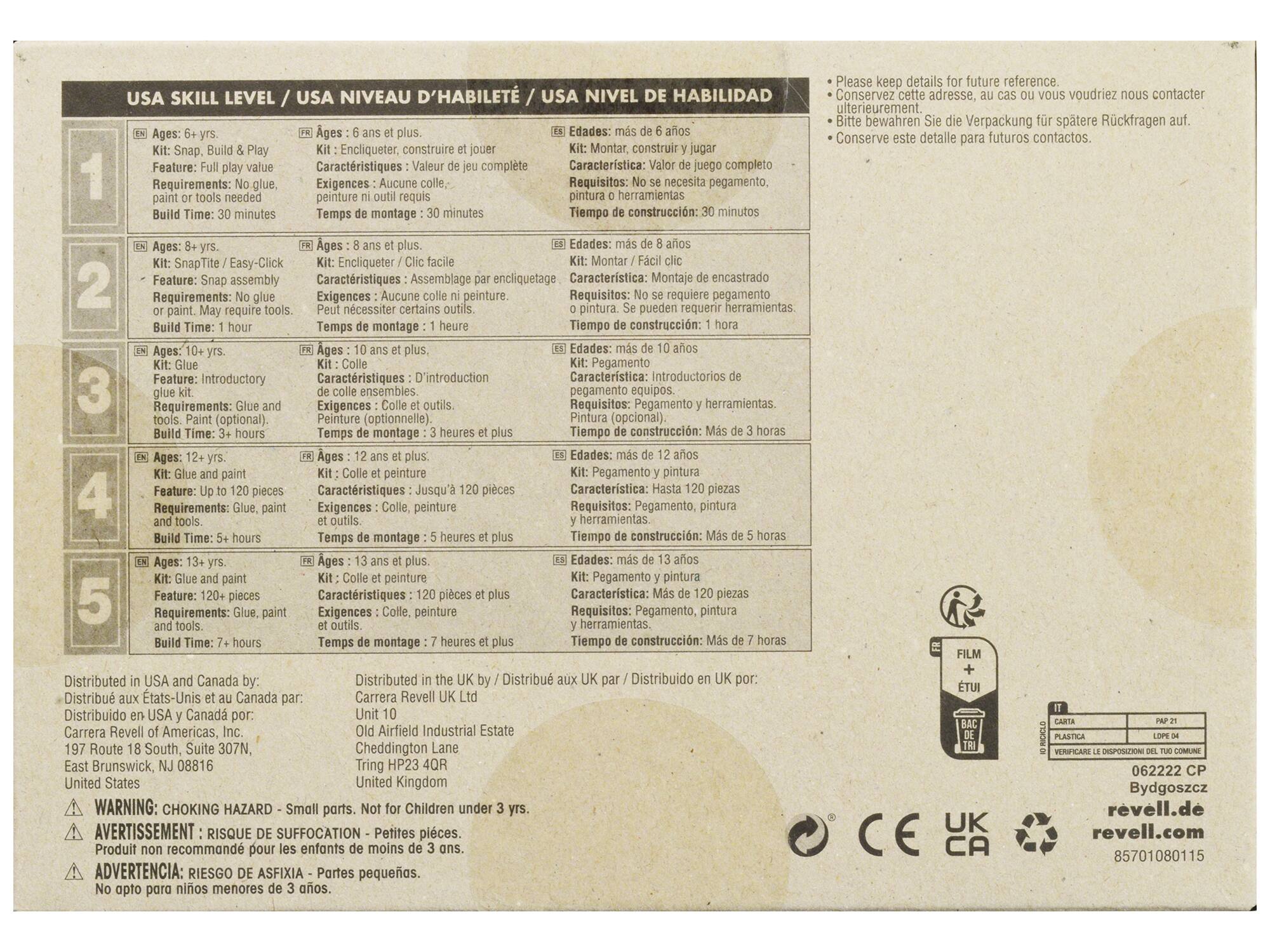 **USA SKILL LEVEL / USA NIVEAU D'HABILITÉ / USA NIVEL DE HABILIDAD**

1. **Ages: 6+ yrs.**  
   Kit: Snap, Build & Play  
   Feature: Full play value  
   Requirements: No glue, paint or tools needed  
   Build Time: 30 minutes  
   **FR**  
   Ages: 6 ans et plus  
   Kit: Encliqueter, construire et jouer  
   Caractéristiques: Valeur de jeu complète  
   Exigences: Aucune colle, peinture ou outils requis  
   Temps de montage: 30 minutes  
   **ES**  
   Edades: más de 6 años  
   Kit: Montar, construir y jugar  
   Características: Juego completo  
   Requisitos: No se necesita pegamento, pintura ni herramientas  
   Tiempo de construcción: 30 minutos  

2. **Ages: 8+ yrs.**  
   Kit: SnapTite / Easy-Click  
   Feature: Snap assembly  
   Requirements: No glue or paint. May require tools.  
   Build Time: 
