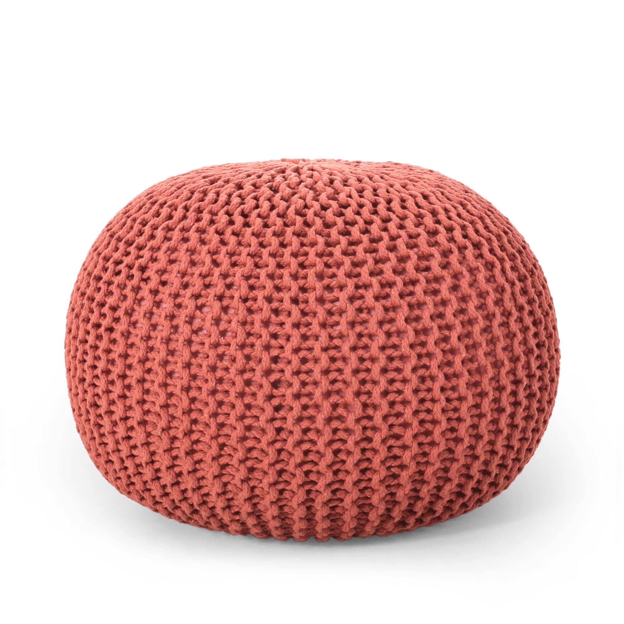 Angle. GOODSILO - Stylish Knitted Cotton Round Pouf for Versatile Seating and Decor - Coral.