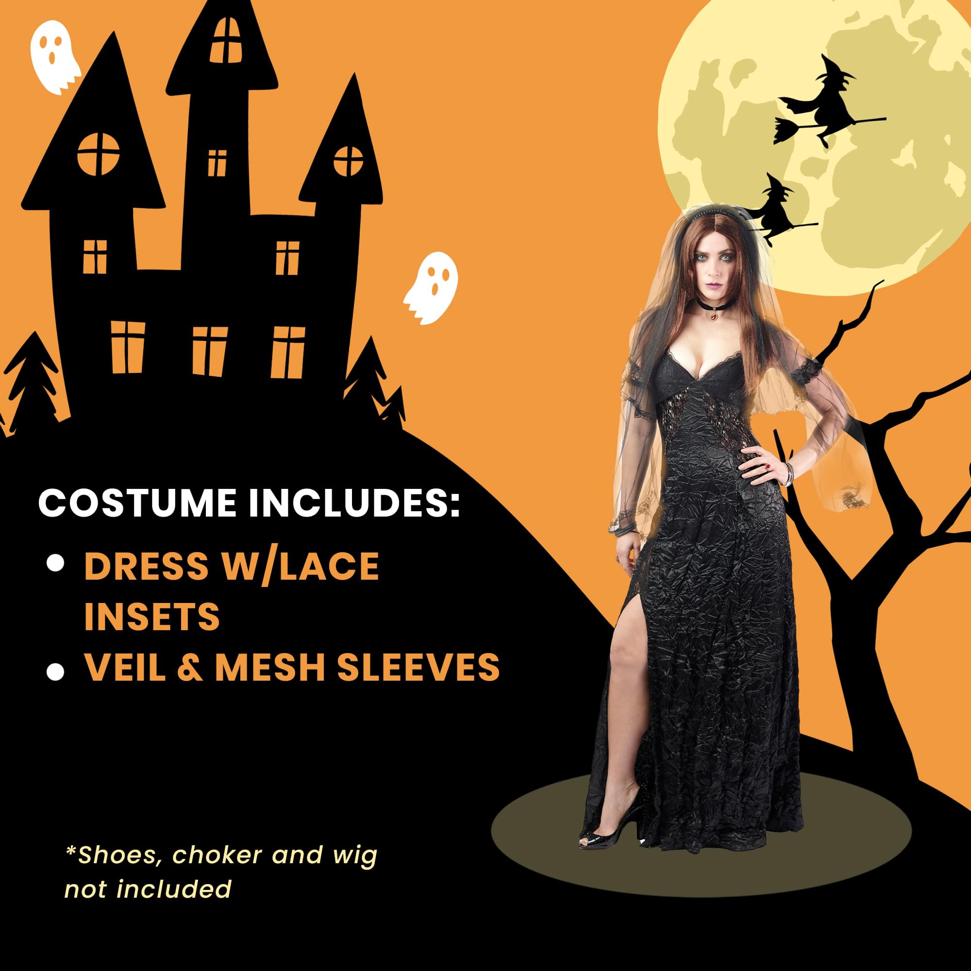 COSTUME INCLUDES:  
- DRESS W/LACE INSETS  
- VEIL & MESH SLEEVES  

*Shoes, choker and wig not included