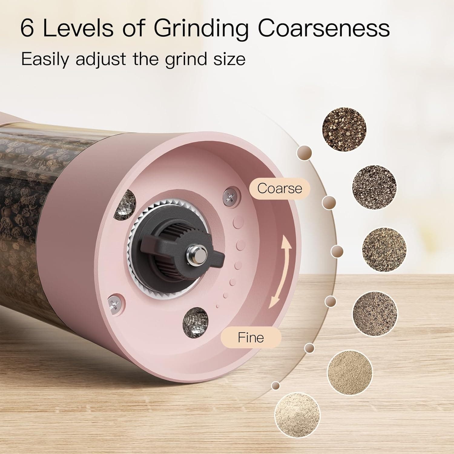 6 Levels of Grinding Coarseness  
Easily adjust the grind size  
Coarse  
Fine