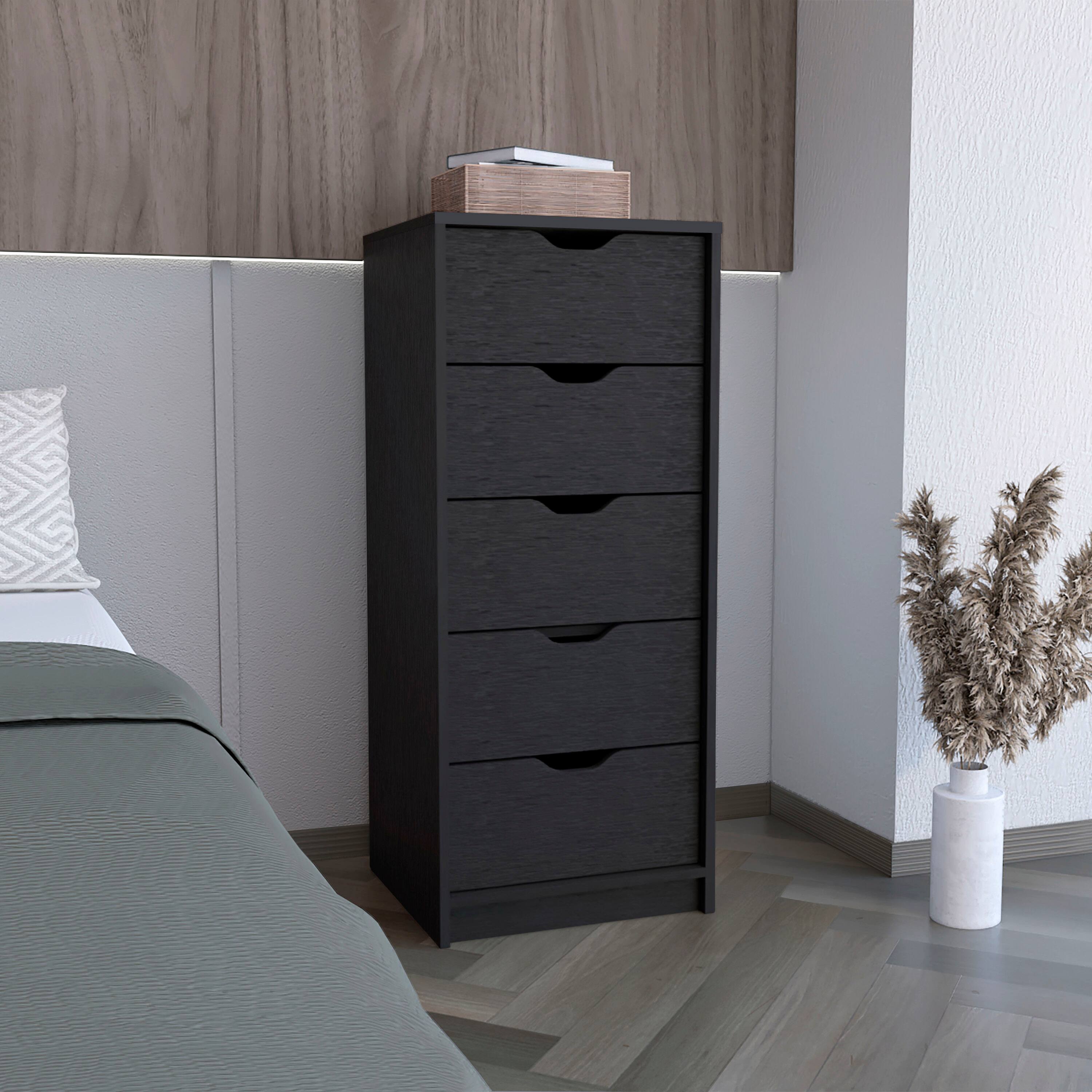 Angle. TuHome - Basilea 5 Drawers Tall Dresser, Pull Out System - Black.