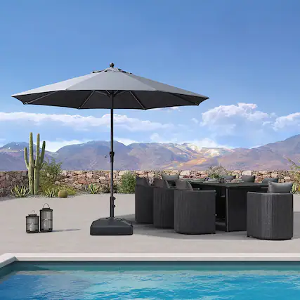 Front. PURPLE LEAF - 11 ft. Round Patio Market Umbrella with Base Outdoor Table Umbrella Aluminum Frame Sun Shade for Garden Deck Pool - Gray.