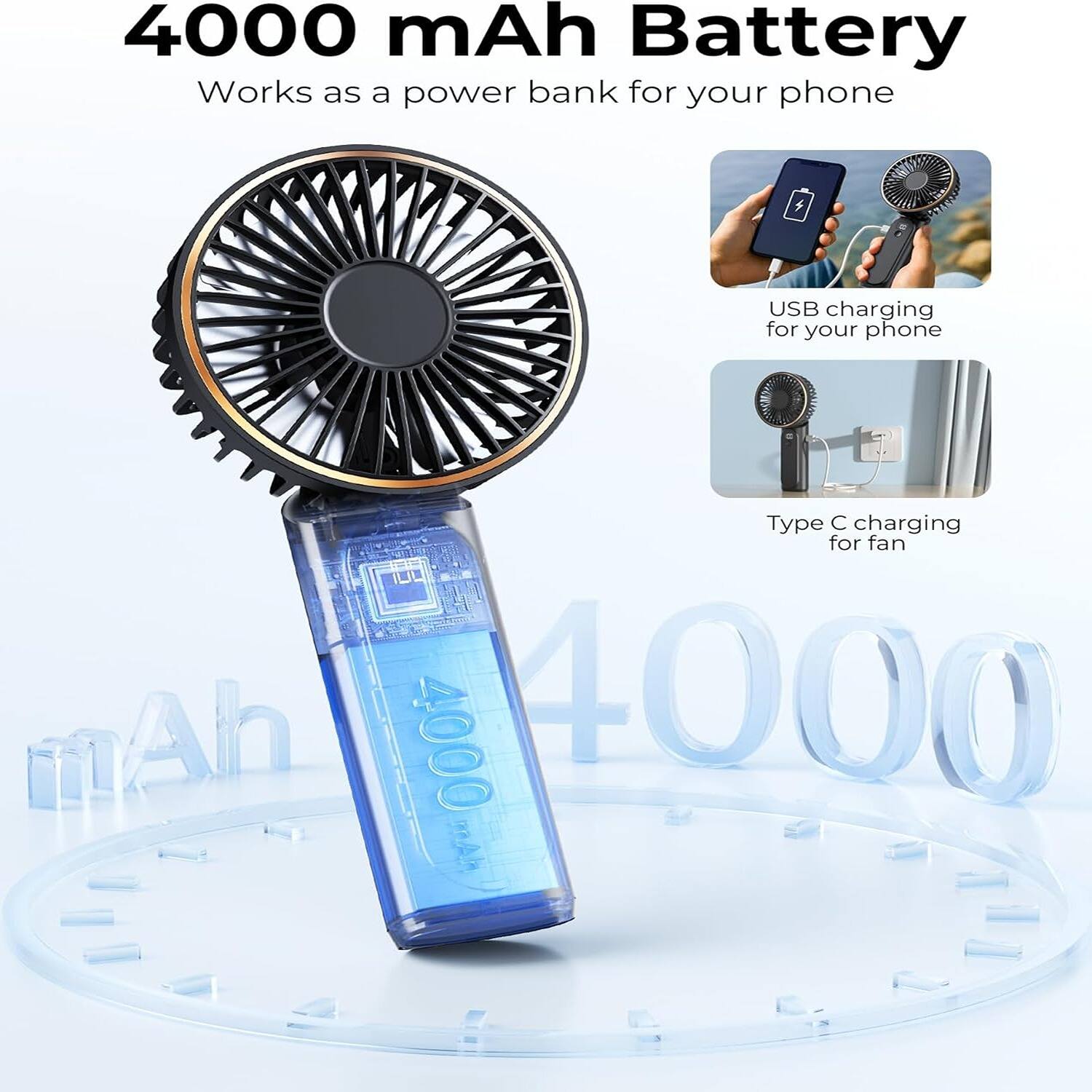4000 mAh Battery Works as a power bank for your phone, USB charging for your phone, Type C charging for fan, 4000 mAh, 4000 mAh.