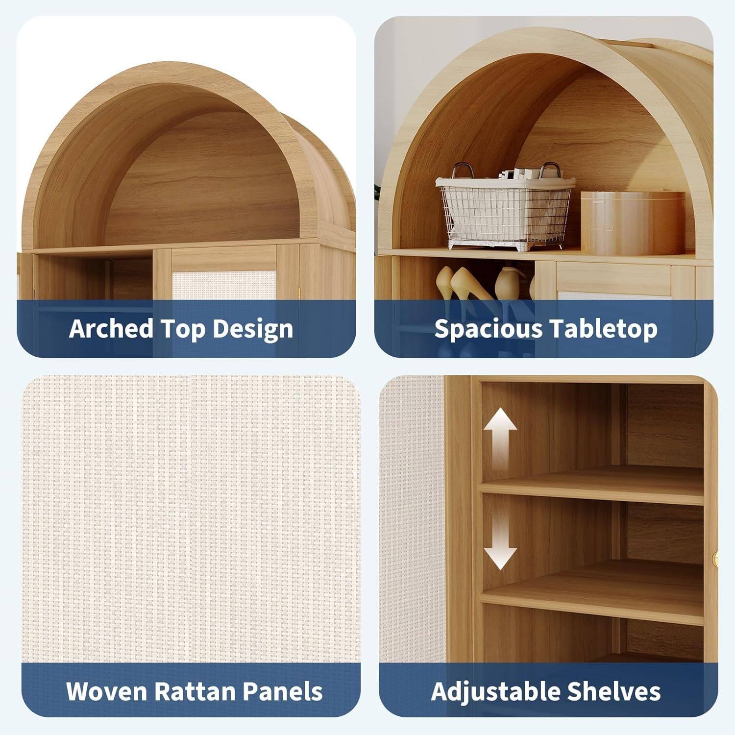 Arched Top Design  
Spacious Tabletop  
Woven Rattan Panels  
Adjustable Shelves