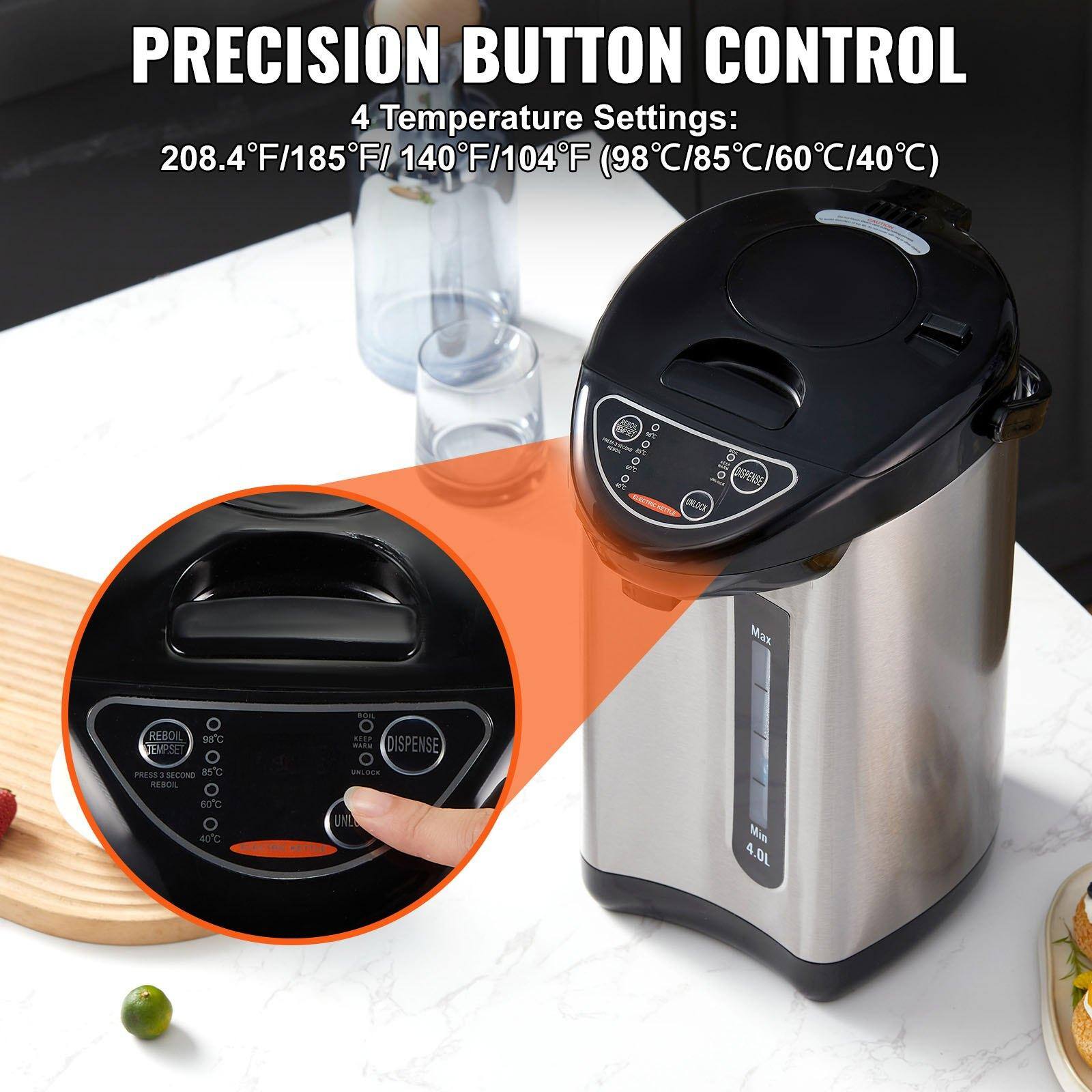 PRECISION BUTTON CONTROL

4 Temperature Settings:
208.4°F/185°F/140°F/104°F (98°C/85°C/60°C/40°C)

Max 1% REBOIL EC JEMPSE PRESS 1 MLON asC REBOI mide MAR DISPENSE VELE0 0C . 40C UML Min 4.0L