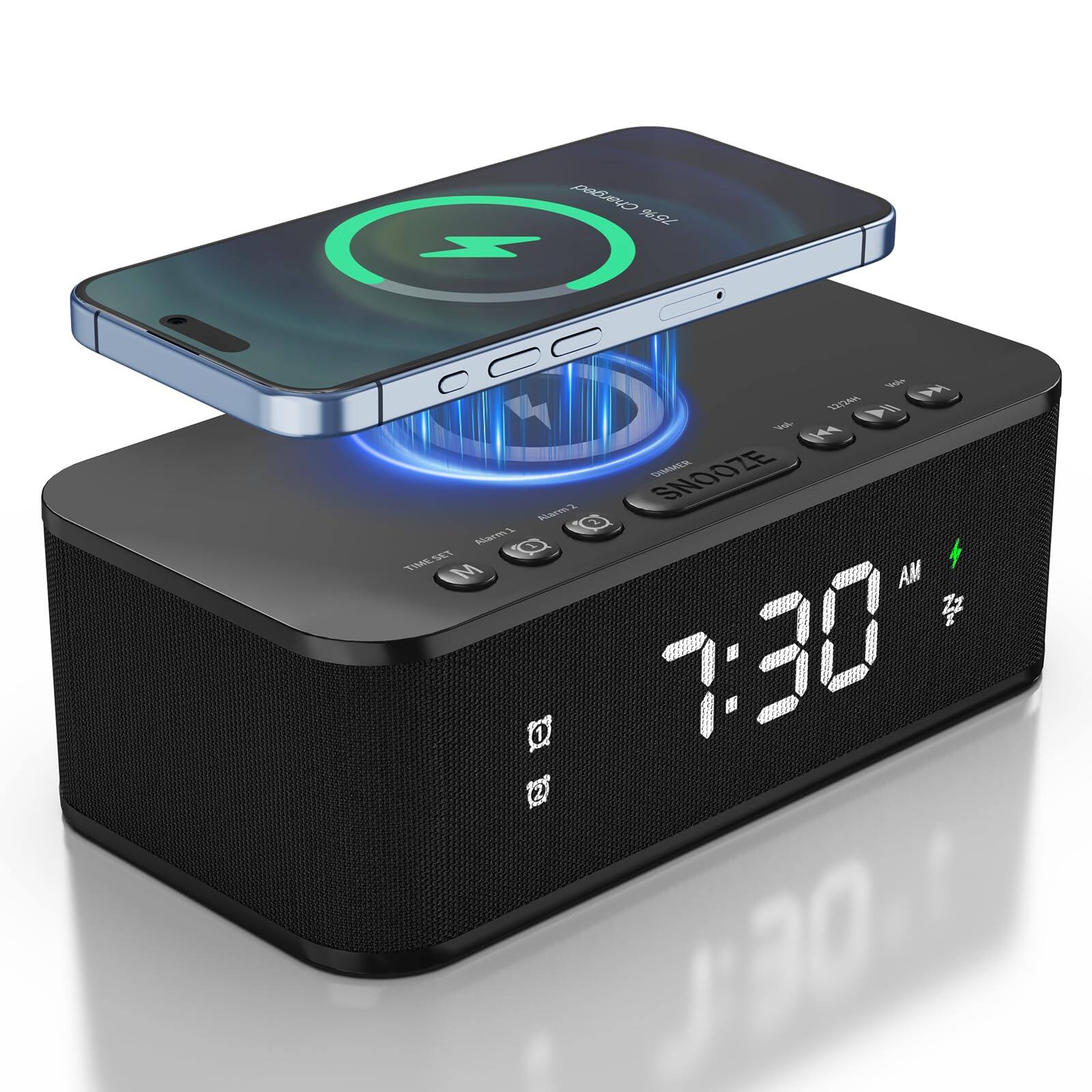 Dazzed Corner - Bluetooth Speaker Alarm Clock with Wireless Charger, Digital Alarm Clock, Dual Alarm - Black