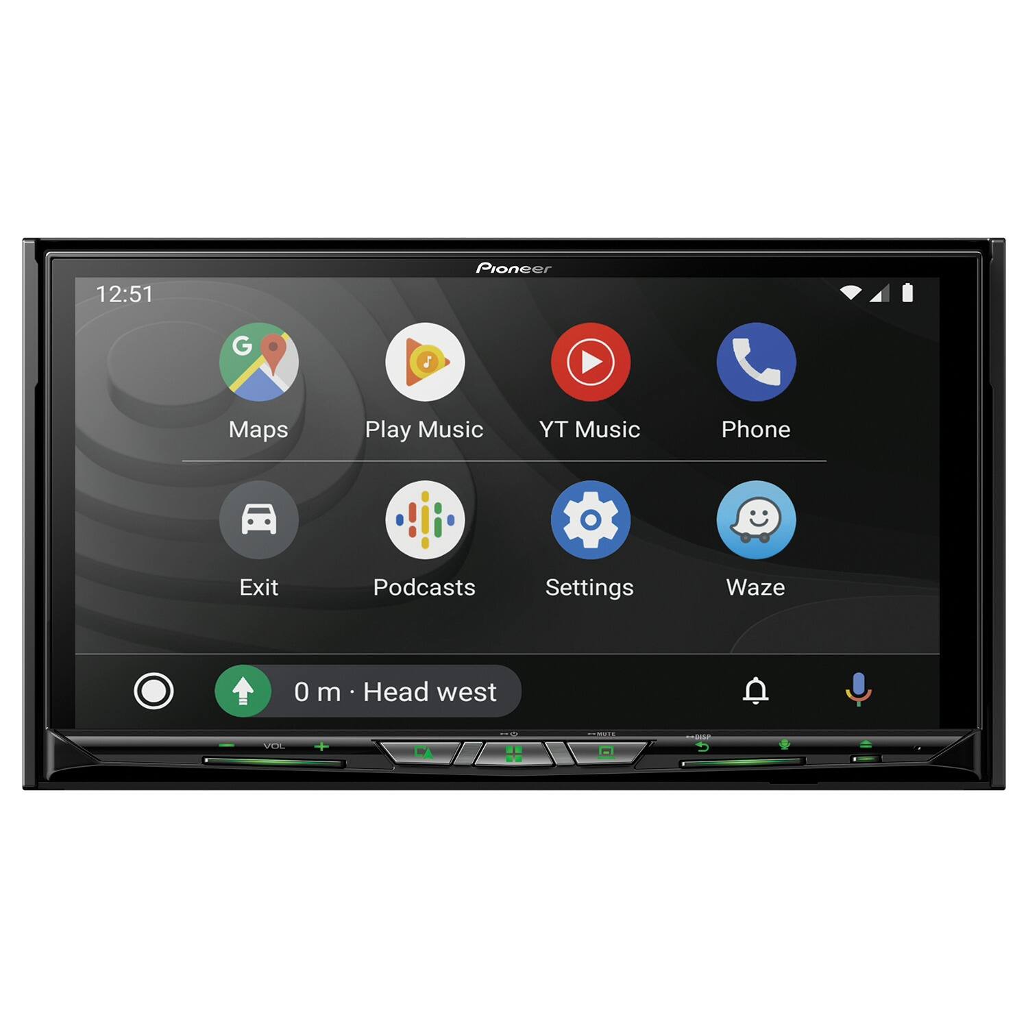 12:51  
Pioneer  
Maps Play Music YT Music Phone Exit Podcasts Settings Waze  
0 m - Head west