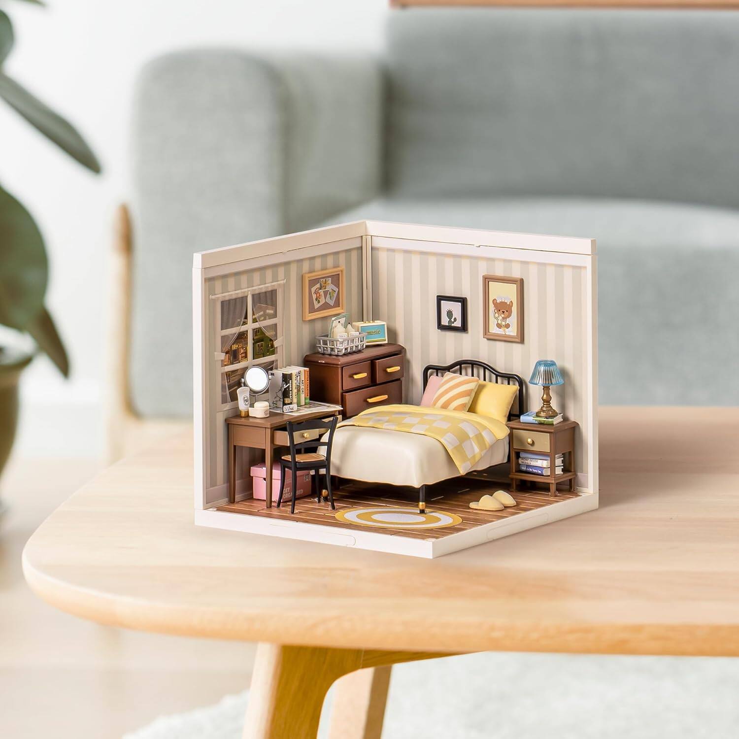 Alt View 1. Robotime - Rolife Sweet Dream Bedroom DIY Miniature House Kit Mini Dollhouse Building Toy Set Plastic Tiny Room Making Kit - Brown.