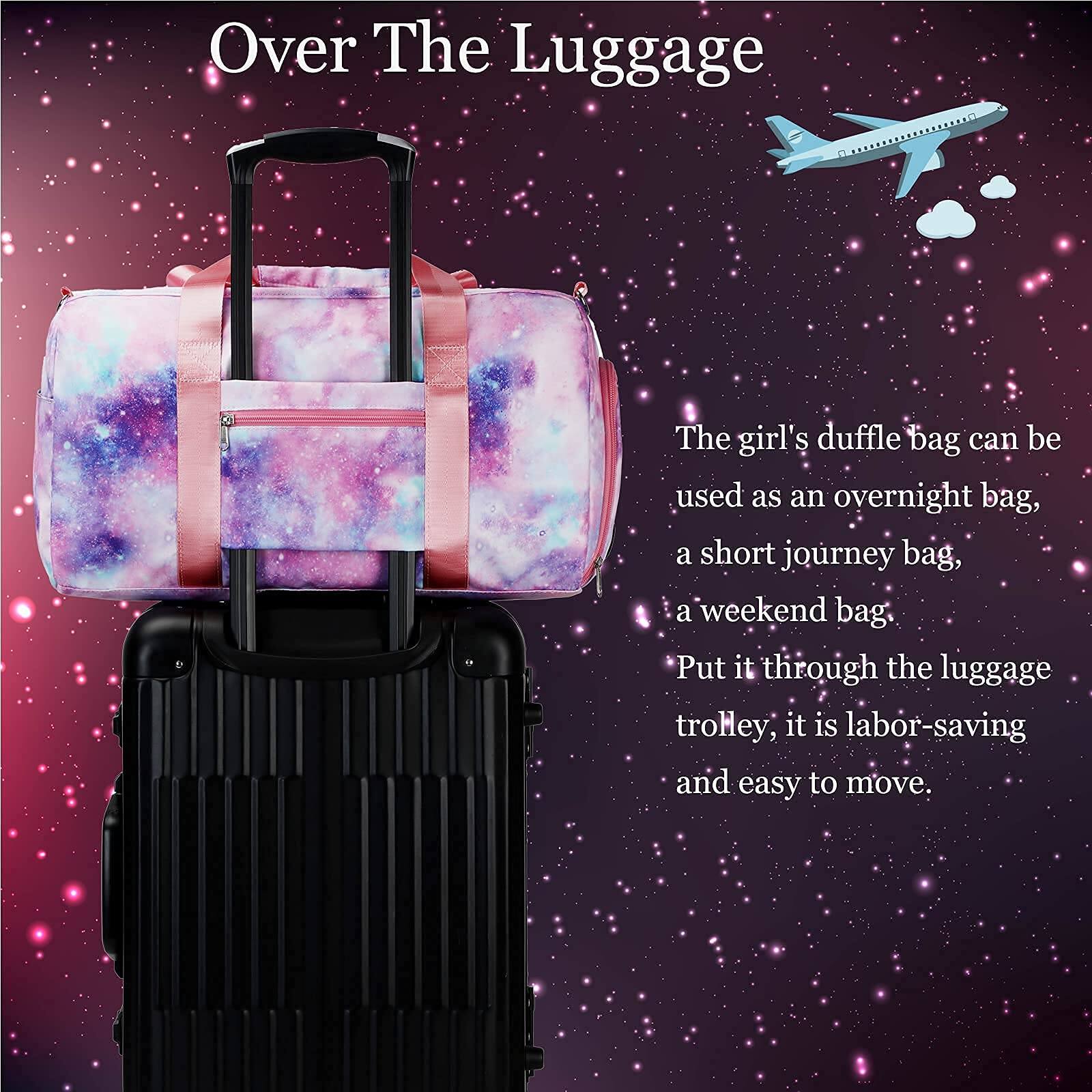 Over The Luggage

The girl's duffle bag can be used as an overnight bag, a short journey bag, a weekend bag. Put it through the luggage trolley; it is labor-saving and easy to move.