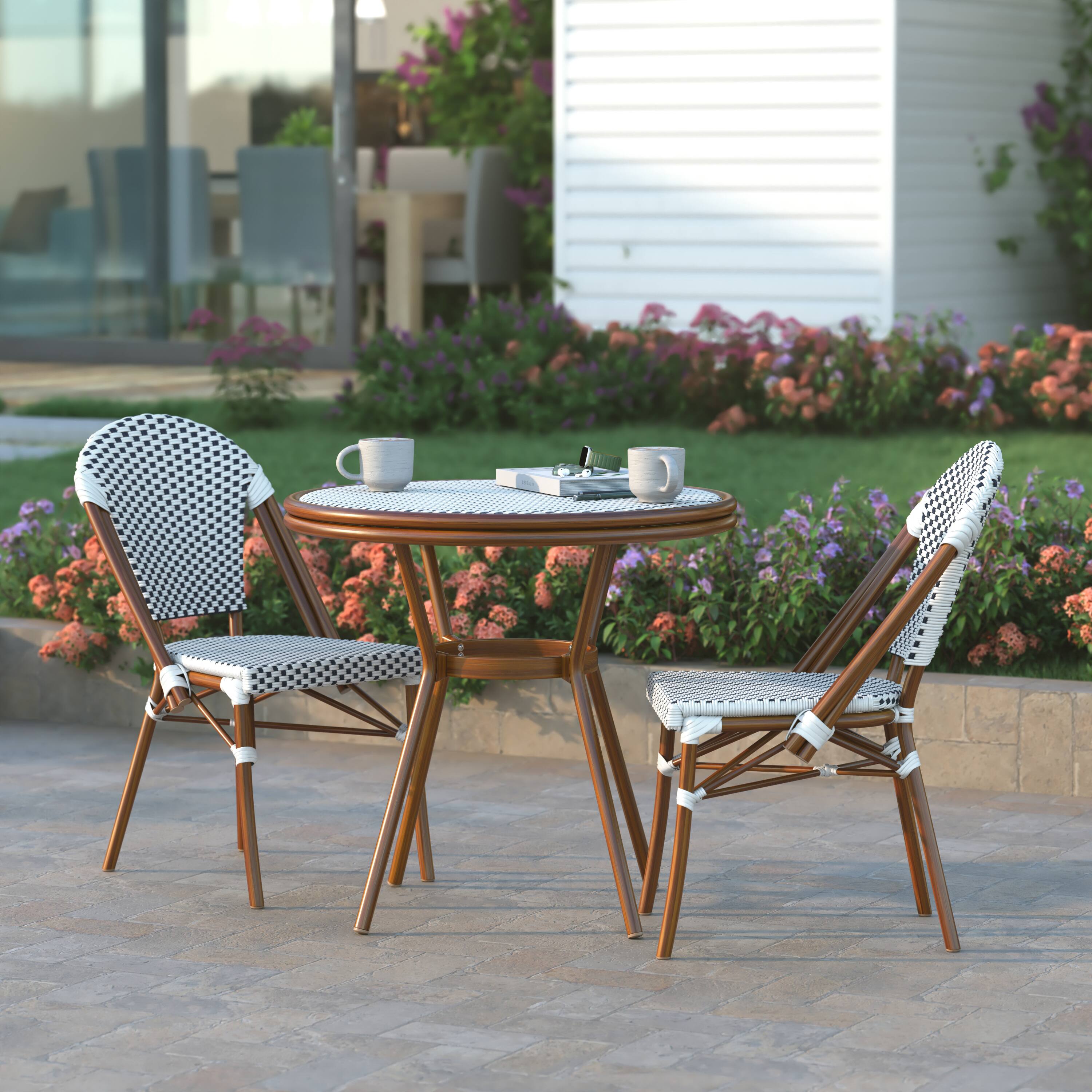 Alt View 3. Emma + Oliver - Colmar Indoor/Outdoor Bistro Style 31.5 in. Table with PE Rattan, Glass Top, and Two Chairs - Metal  Frame - White & Navy Rattan/Natural Frame.