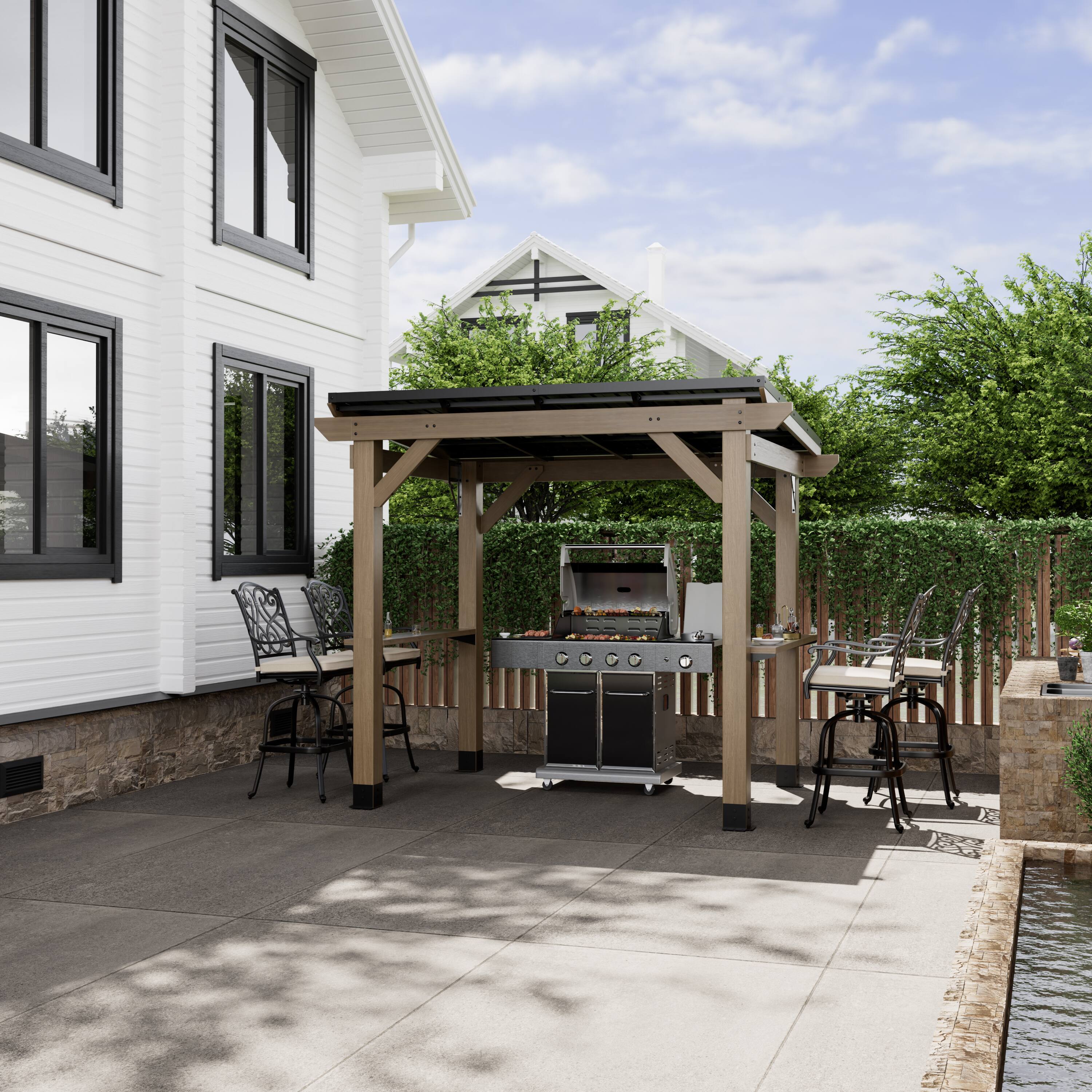 Angle. Mondawe - 8x6 ft. Cedar Hardtop BBQ Gazebo with Two Side Wooden Holder - Black.