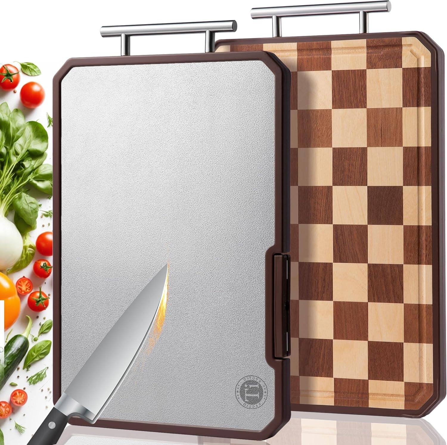 Front. PARKER SLATER - Titanium & Wood Double-Sided Cutting Board with Sharpener, Handle.