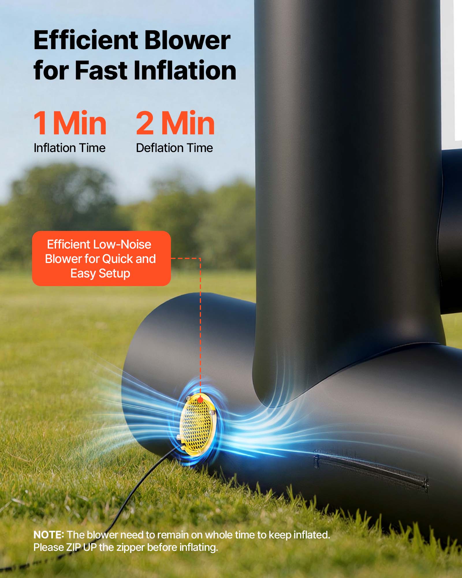 Efficient Blower for Fast Inflation  
1 Min Inflation Time  
2 Min Deflation Time  
Efficient Low-Noise Blower for Quick and Easy Setup  

NOTE: The blower need to remain on whole time to keep inflated.  
Please ZIP UP the zipper before inflating.