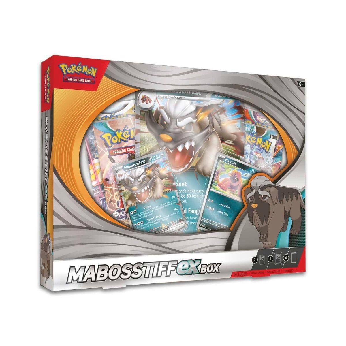 Pokémon Trading Card Game  
Maboostiff EX Box  

Includes:  
- 1 Premium Tin  
- 1 Playmat  
- 1 Deck Box  
- 1 Dice  

Maboostiff EX  
- 260 cards  

Cards featured:  
- Maboostiff EX  
- Maschiff  
- Aunt  
- Fangs  
- Shary Tong  
- Derng  
- Fwng  
- Froud  

Aunt:  
- Aunt's next turn, do 50 less damage.  

Maschiff:  
- 70 HP  
- 30 HP  
- 30 HP  

Fangs:  
- 100 HP  
- 00 HP  

Maboostiff EX:  
- 260 HP  

Age: 6+