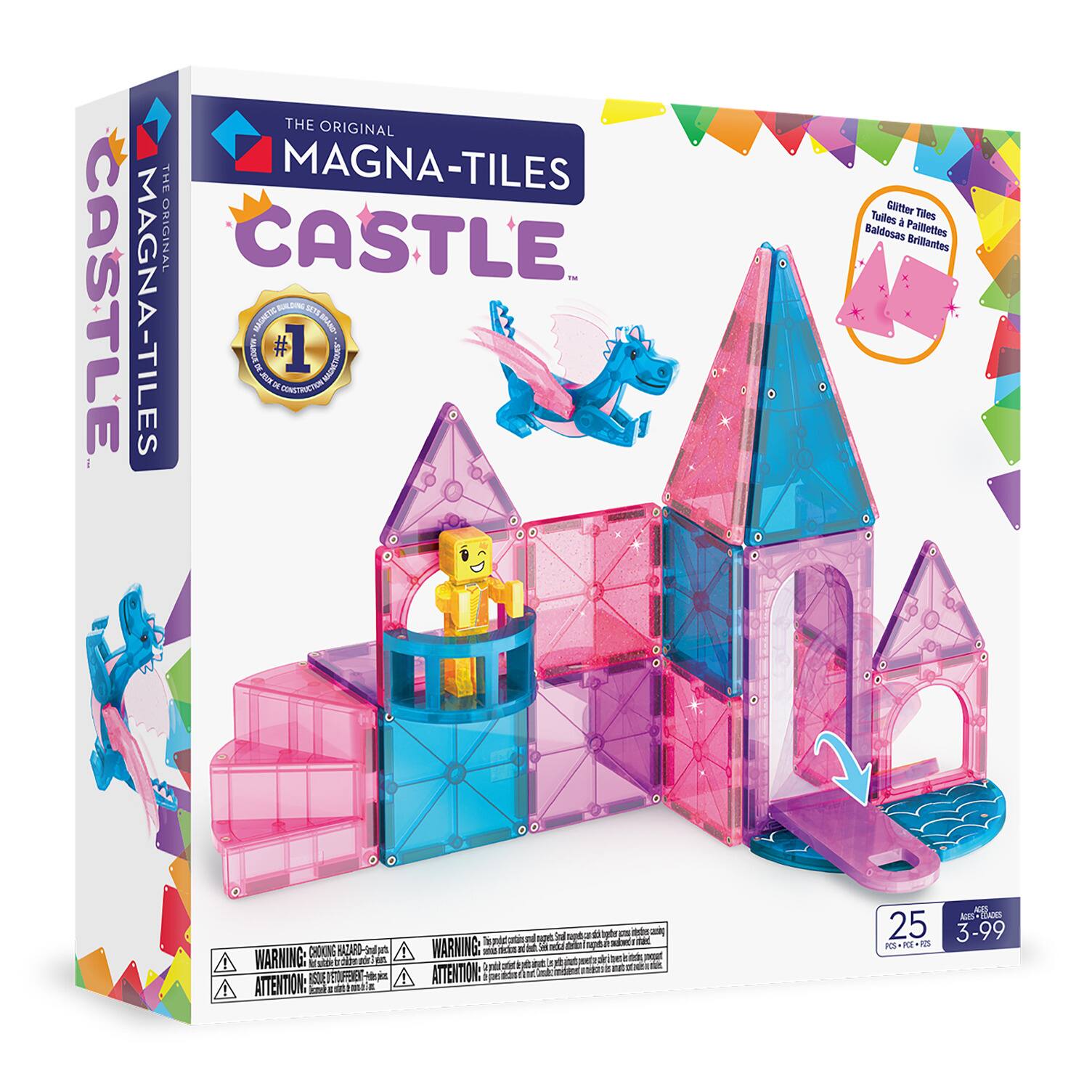 **The Original Magna-Tiles Castle**
**Magna-Tiles**
**Castle**
**1st Place Winner of the Oppenheim Toy Portfolio Gold Seal Award**
**25 Pieces**
**Ages 3-99**
**Warning: Choking Hazard - Small parts. Not for children under 3 years.**
**Attention: Risque de suffocation - petites pièces. Ne convient pas aux enfants de moins de 3 ans.**
**Glossy Tiles - Tulliér Paillettes - Baldosas Brillantes**
**$3.99**