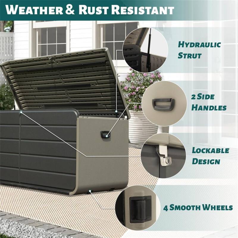 WEATHER & RUST RESISTANT  
HYDRAULIC STRUT  
2 SIDE HANDLES  
LOCKABLE DESIGN  
4 SMOOTH WHEELS