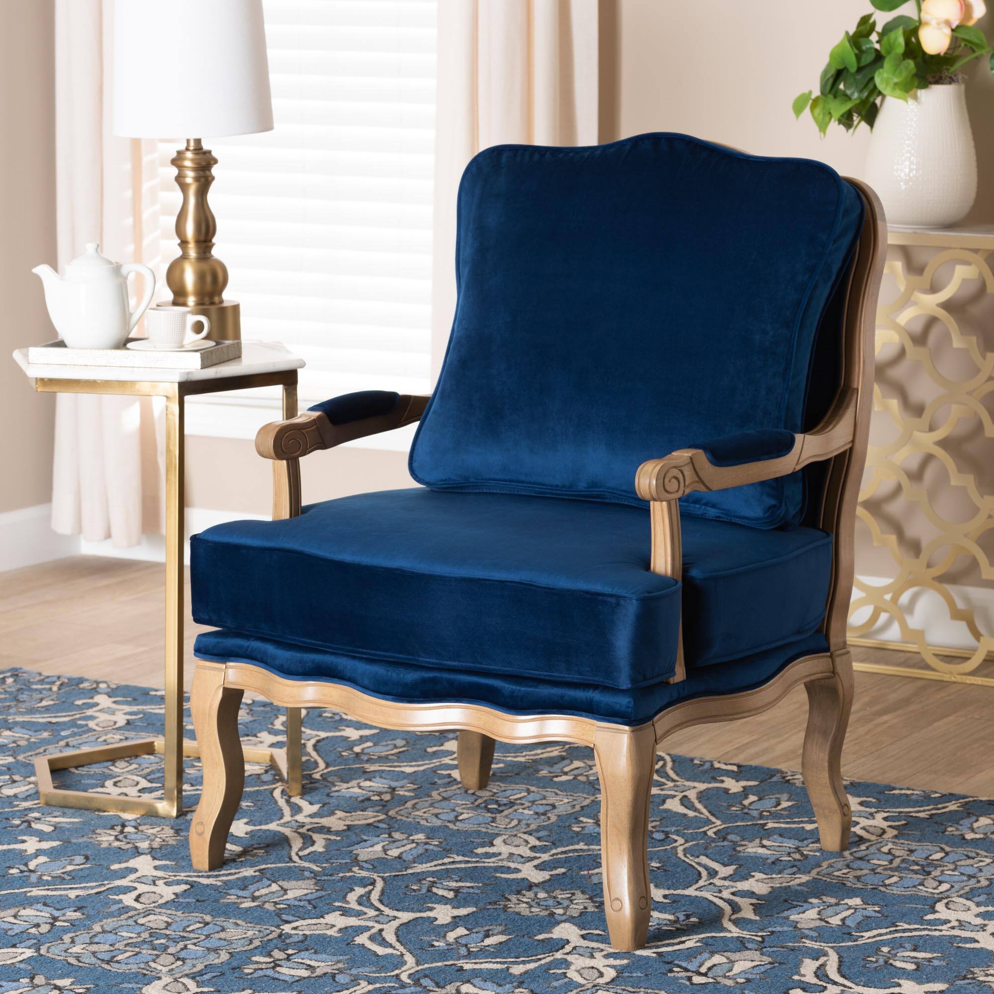 Alt View 5. Baxton Studio - Jules Traditional Fabric and French Oak Finished Wood Accent Chair - Navy Blue/ French Oak.