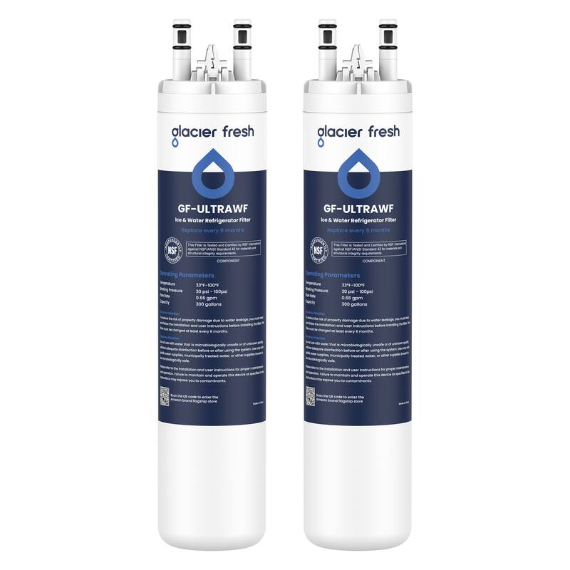 Glacier Fresh  
GF-ULTRAWF  
Ice & Water Refrigerator Filter  
Replace every 6 months  

Operating Parameters  
Temperature: 34-100°F  
Pressure: 30 psi - 100 psi  
Flow Rate: 0.68 gpm  
Capacity: 300 gallons  

Glacier Fresh  
GF-ULTRAWF  
Ice & Water Refrigerator Filter  
Replace every 4 months  

Operating Parameters  
Temperature: 34-100°F  
Pressure: 30 psi - 100 psi  
Flow Rate: 0.68 gpm  
Capacity: 300 gallons  

The filter is tested and certified by NSF International to meet NSF/ANSI Standard 42 for taste and odor reduction.  
The filter is tested and certified by NSF International to meet NSF/ANSI Standard 53 for health-related contaminants.  

This filter is not intended for use in systems where the incoming water is microbiologically unsafe or has not been treated to be microbiologically safe.  
This filter is not intended for use in systems where the incoming water is not potable.  
This filter is not intended for use in systems where the incoming water is not potable