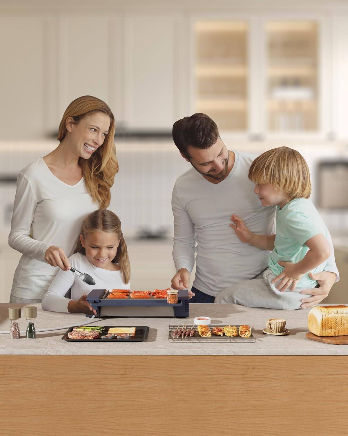 Angle. HBN - HBN Indoor 3-in-1 Electric Grill, Grill Rack, Nonstick Griddle & Sausage Grill, Smokeless, Home & RV Use.