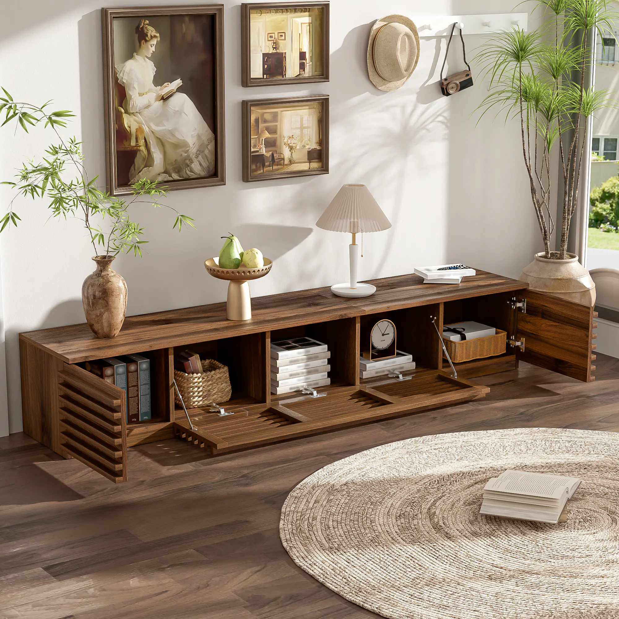 Angle. MERAVOM - Modern TV Stand for up to 80" TVs, Entertainment Center with Flip-Down Doors, Media TV Console with Storage Cabinets - Walnut.