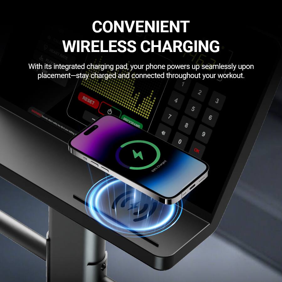 CONVENIENT WIRELESS CHARGING

With its integrated charging pad, your phone powers up seamlessly upon placement—stay charged and connected throughout your workout.