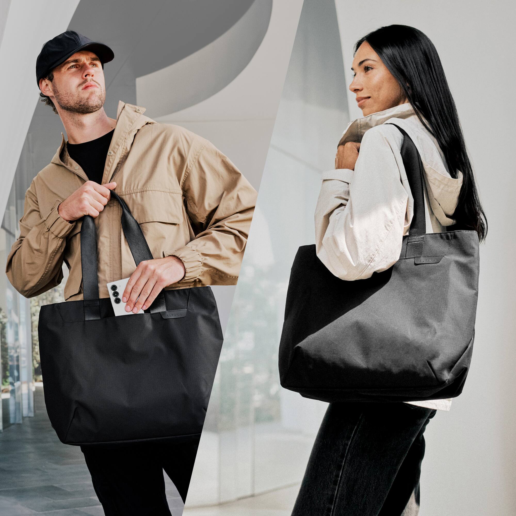 Alt View 2. ALPAKA - Tote Bag Minimalist EDC Travel Tote,14.5L , 2 Bottle Sleeves, Front/Back Slip Pockets, Magnetic Open-Top (No Zipper) - B/G Axoflux 210D.
