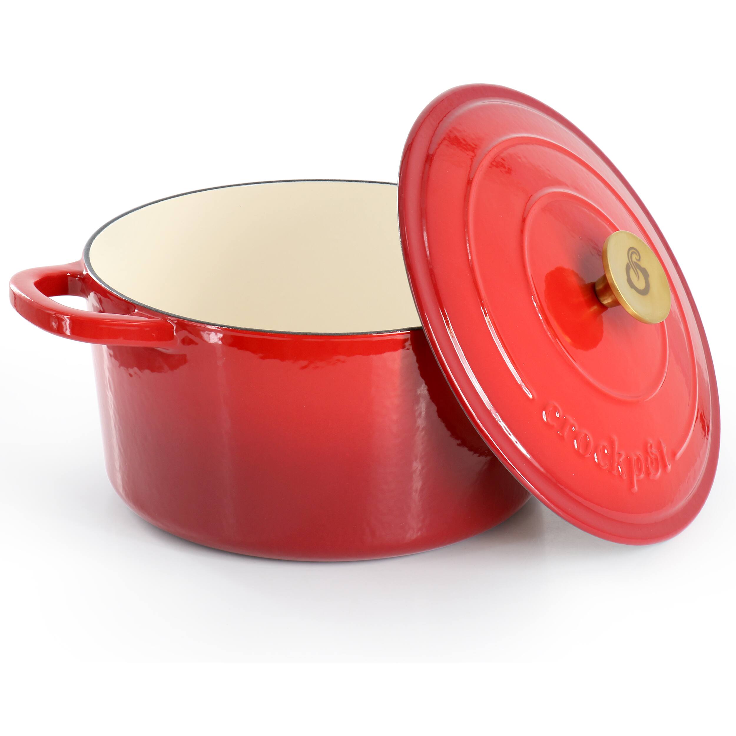Alt View 1. Crockpot - Crockpot Artisan 6 Quart Enameled Cast Iron Dutch Oven in Gradient Red with Gold Handle - Gradient Red, Gold.