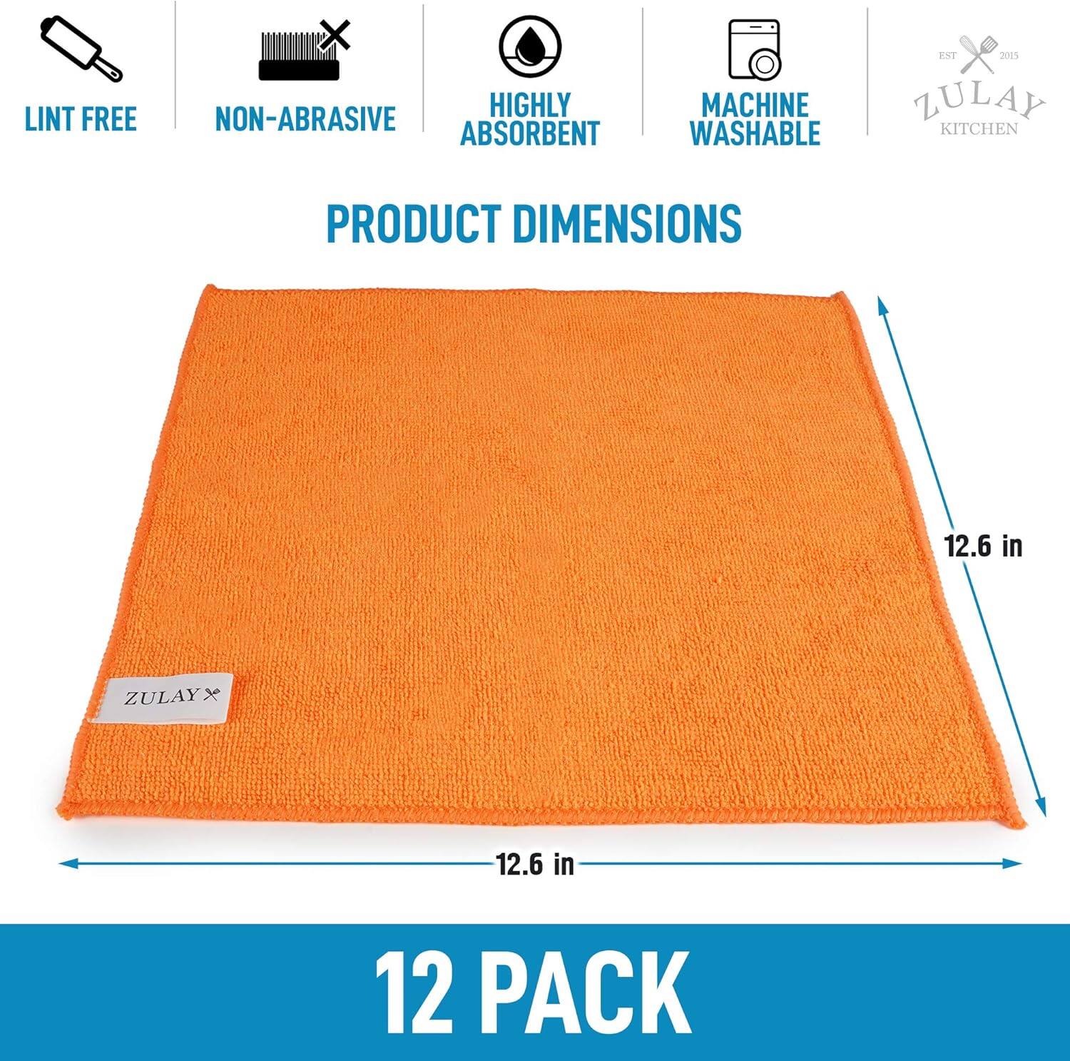 LINT FREE x HIGHLY NON-ABRASIVE ABSORBENT MACHINE WASHABLE  
ZULAY KITCHEN PRODUCT DIMENSIONS 12.6 in x 12.6 in  
12 PACK