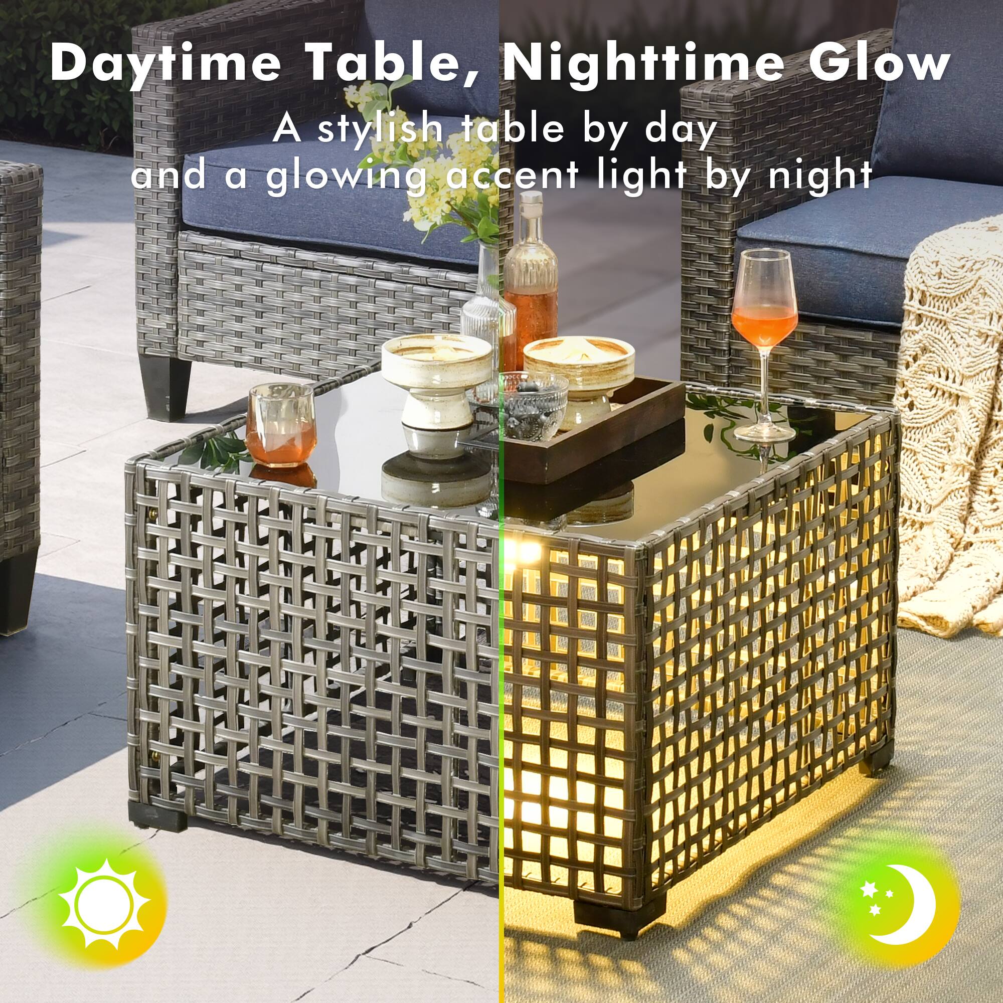 Daytime Table, Nighttime Glow  
A stylish table by day and a glowing accent light by night