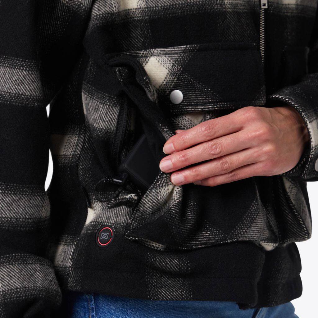 Back. Mobile Warming - Women's Kodiak Plaid Heated Jacket - Black and White.
