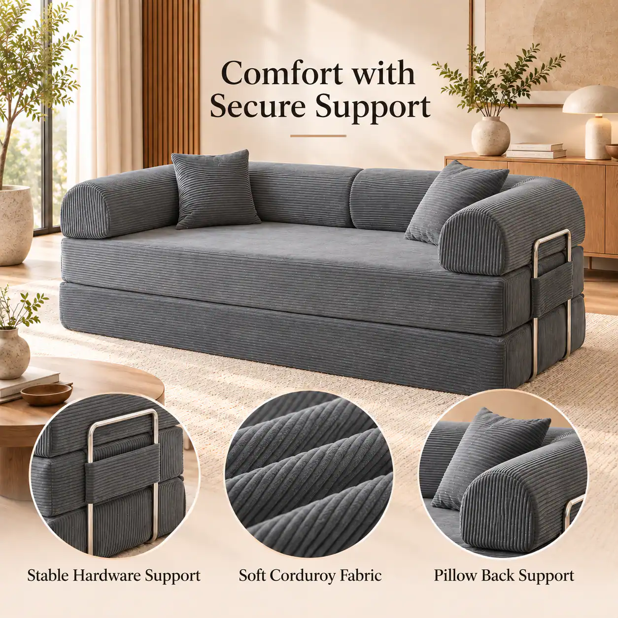 Comfort with Secure Support

Stable Hardware Support

Soft Corduroy Fabric

Pillow Back Support
