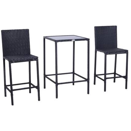 Front. Resenkos - Resenkos 3pcs Rattan Bar Set, A Bar Height Table, Two Matching Stools, Glass, Rattan, Aluminum, Black - Black.