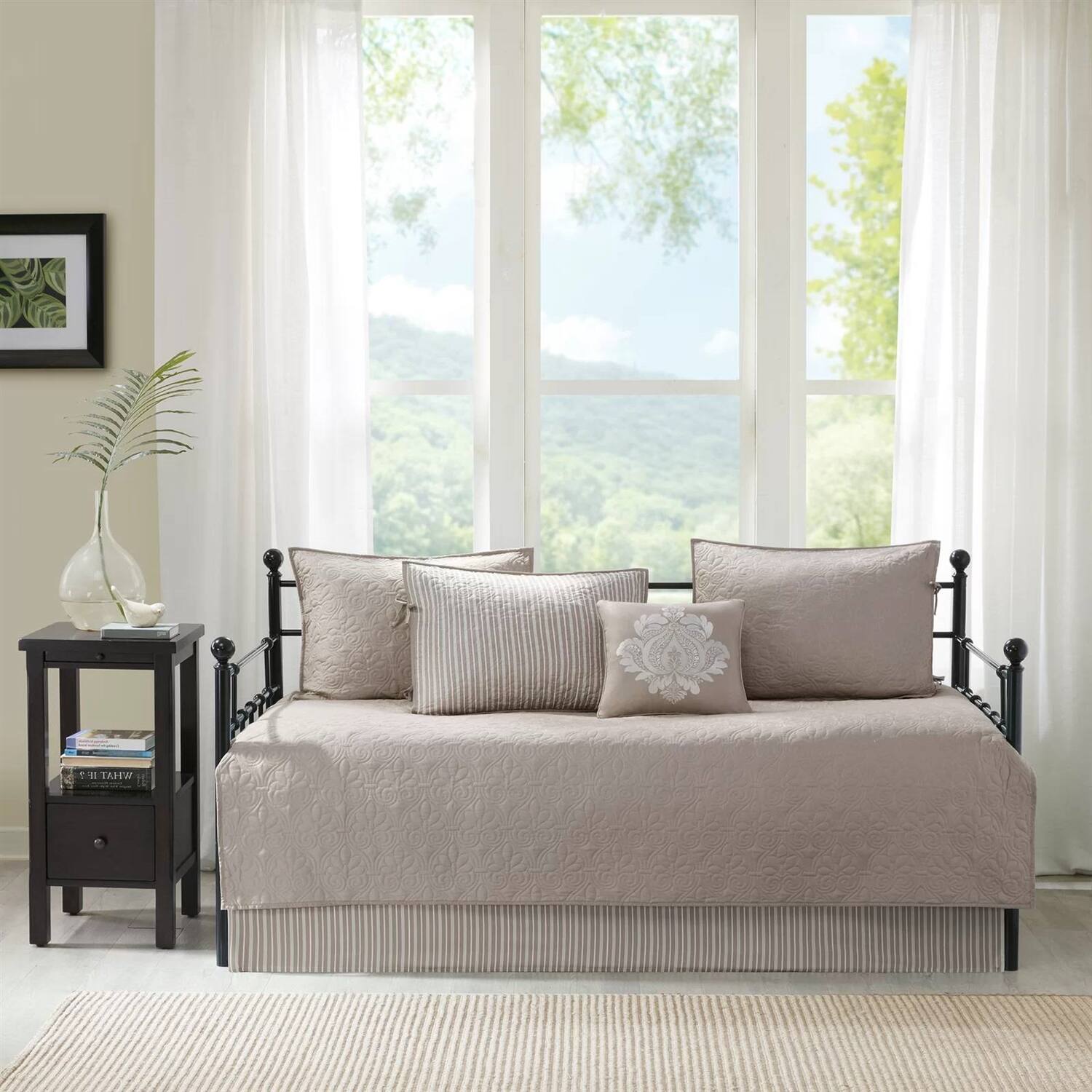 Angle. Hivvago - 6-Piece Country Cottage Quilted Khaki Reversible Day Bed Cover Set - Khaki.