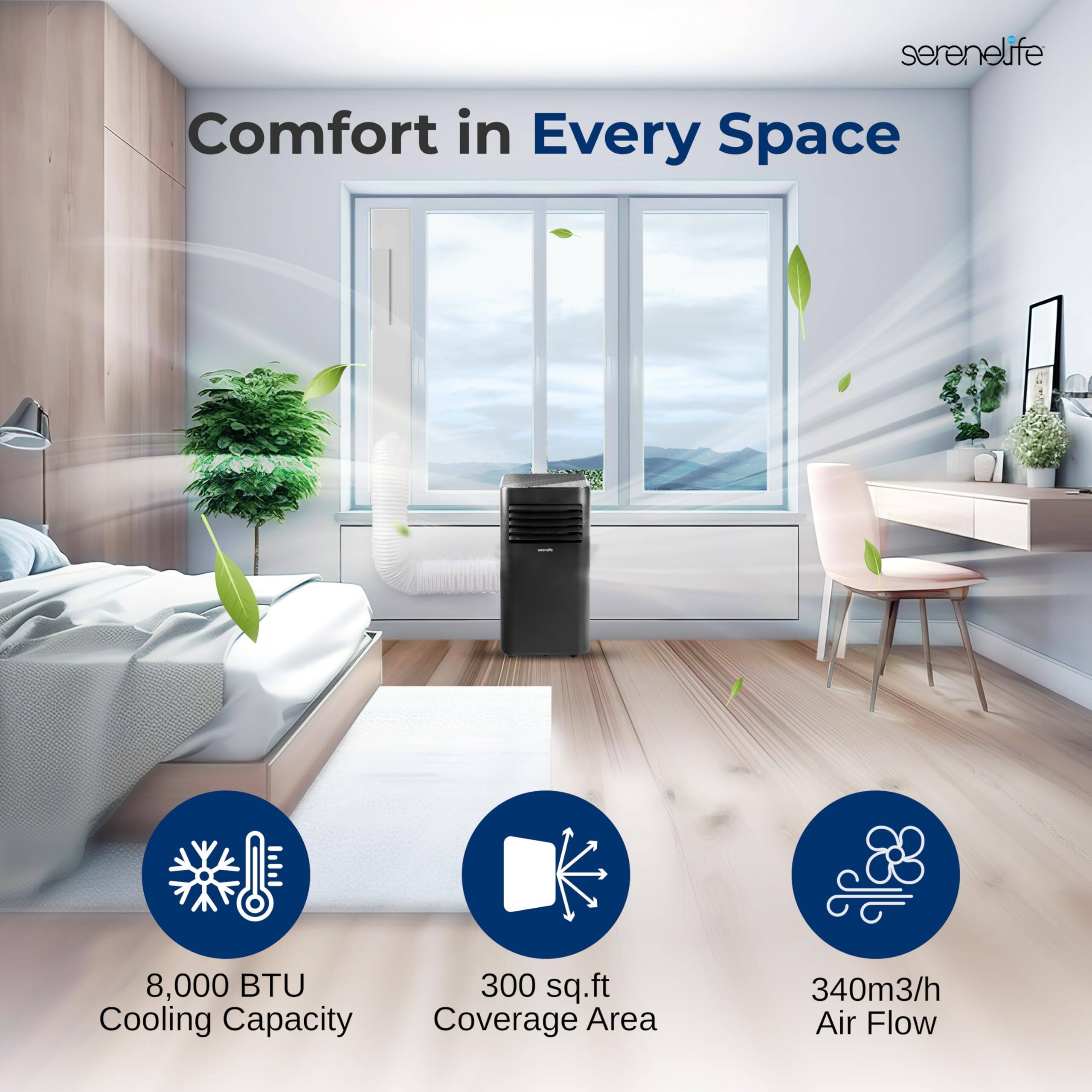 serenelife  
Comfort in Every Space  
8,000 BTU Cooling Capacity  
300 sq.ft Coverage Area  
340m3/h Air Flow