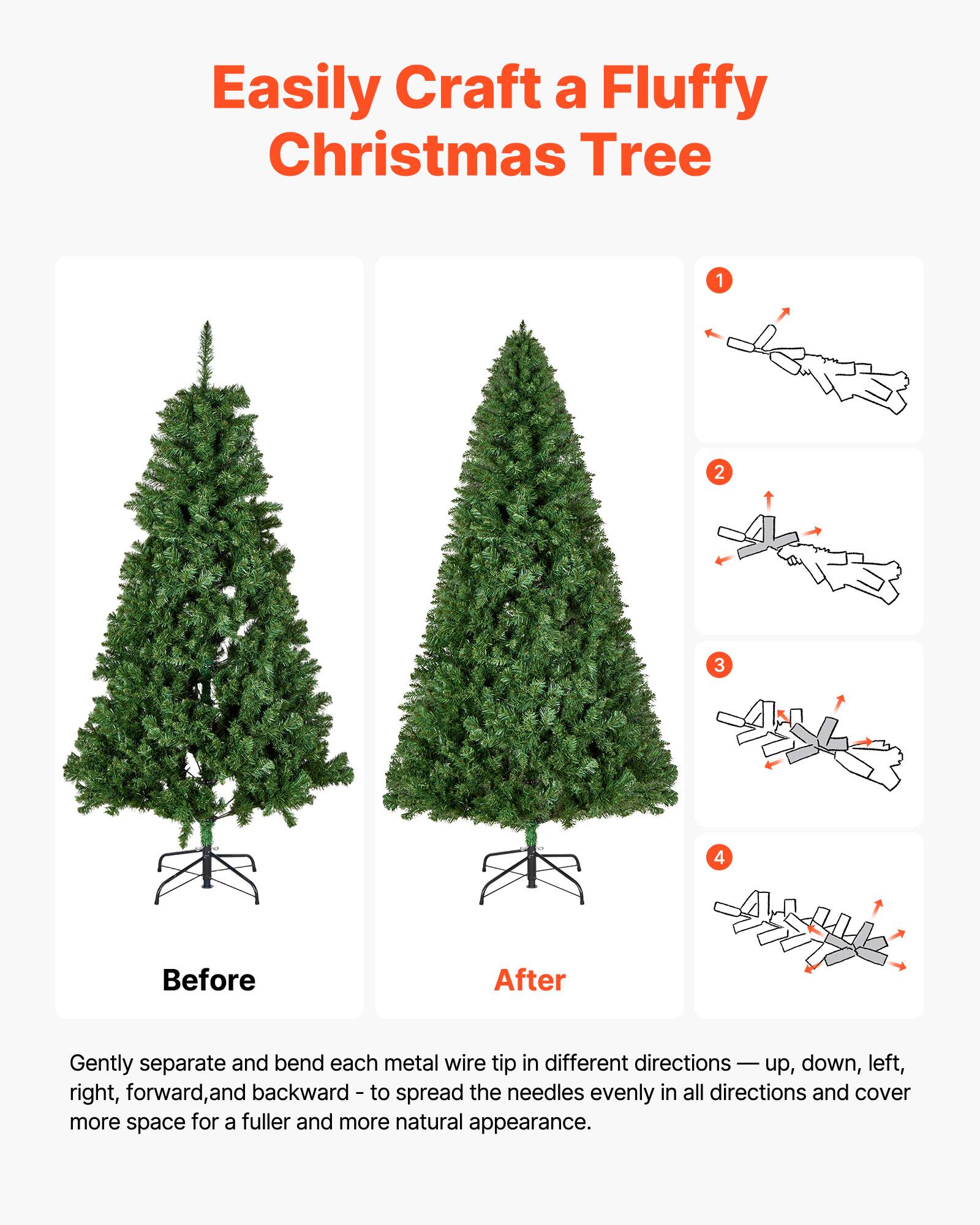 Easily Craft a Fluffy Christmas Tree

Before After

Gently separate and bend each metal wire tip in different directions — up, down, left, right, forward, and backward — to spread the needles evenly in all directions and cover more space for a fuller and more natural appearance.
