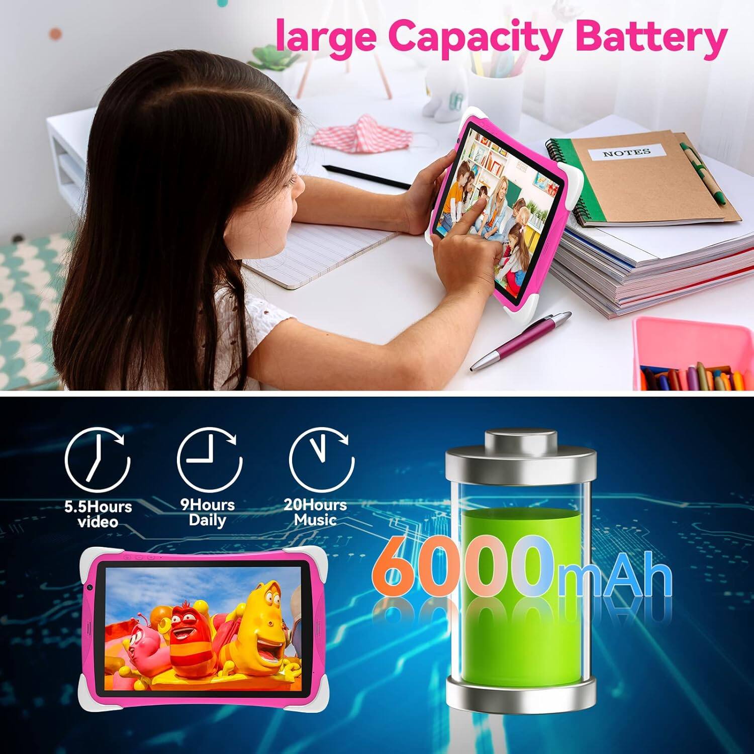 Large Capacity Battery

- 5.5 Hours video
- 9 Hours Daily
- 20 Hours Music
- 6000 mAh