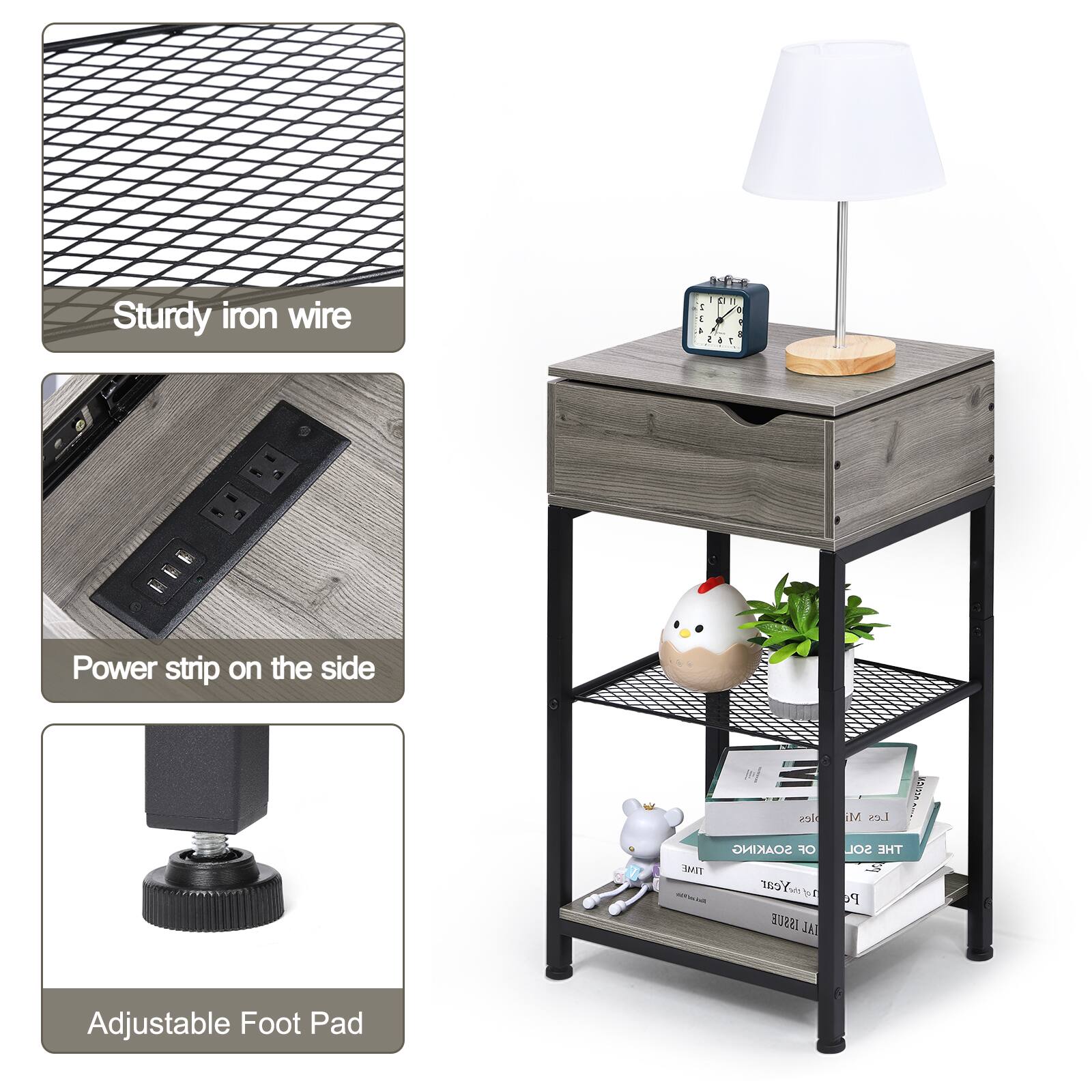 Sturdy iron wire  
Power strip on the side  
Adjustable Foot Pad