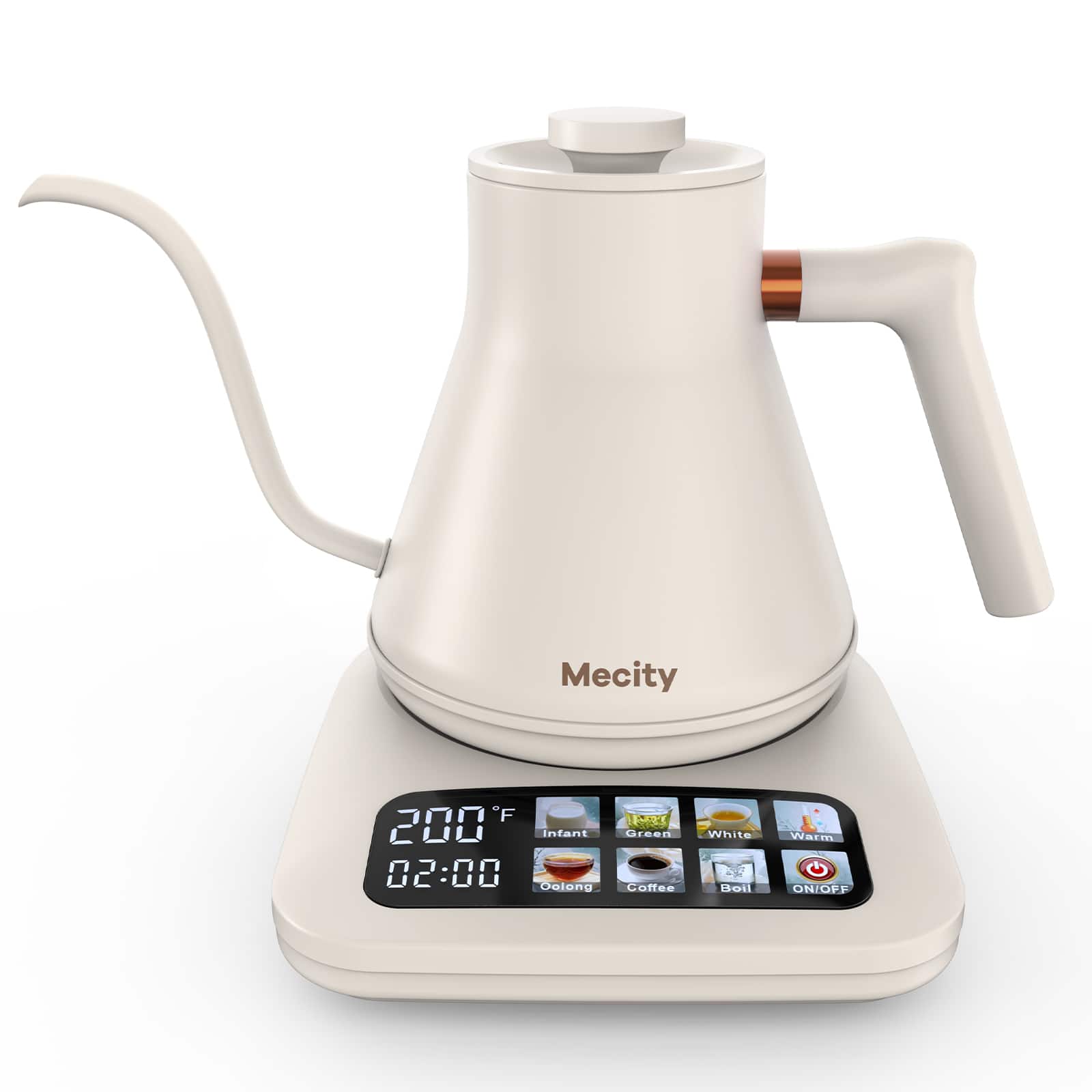 Mecity - 0.8L Gooseneck Electric Kettle, Temperature Control, 6 Presets, 1500W Fast Boil, 2-Hour Keep Warm - Cream
