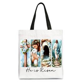 OrnamentallyYou - He Is Risen Christian Brushstroke Canvas Tote Bag, Festive Easter Gift Shopper - Beige