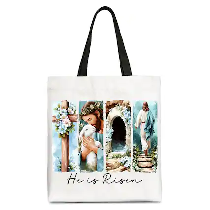 Front. OrnamentallyYou - He Is Risen Christian Brushstroke Canvas Tote Bag, Festive Easter Gift Shopper - Beige.