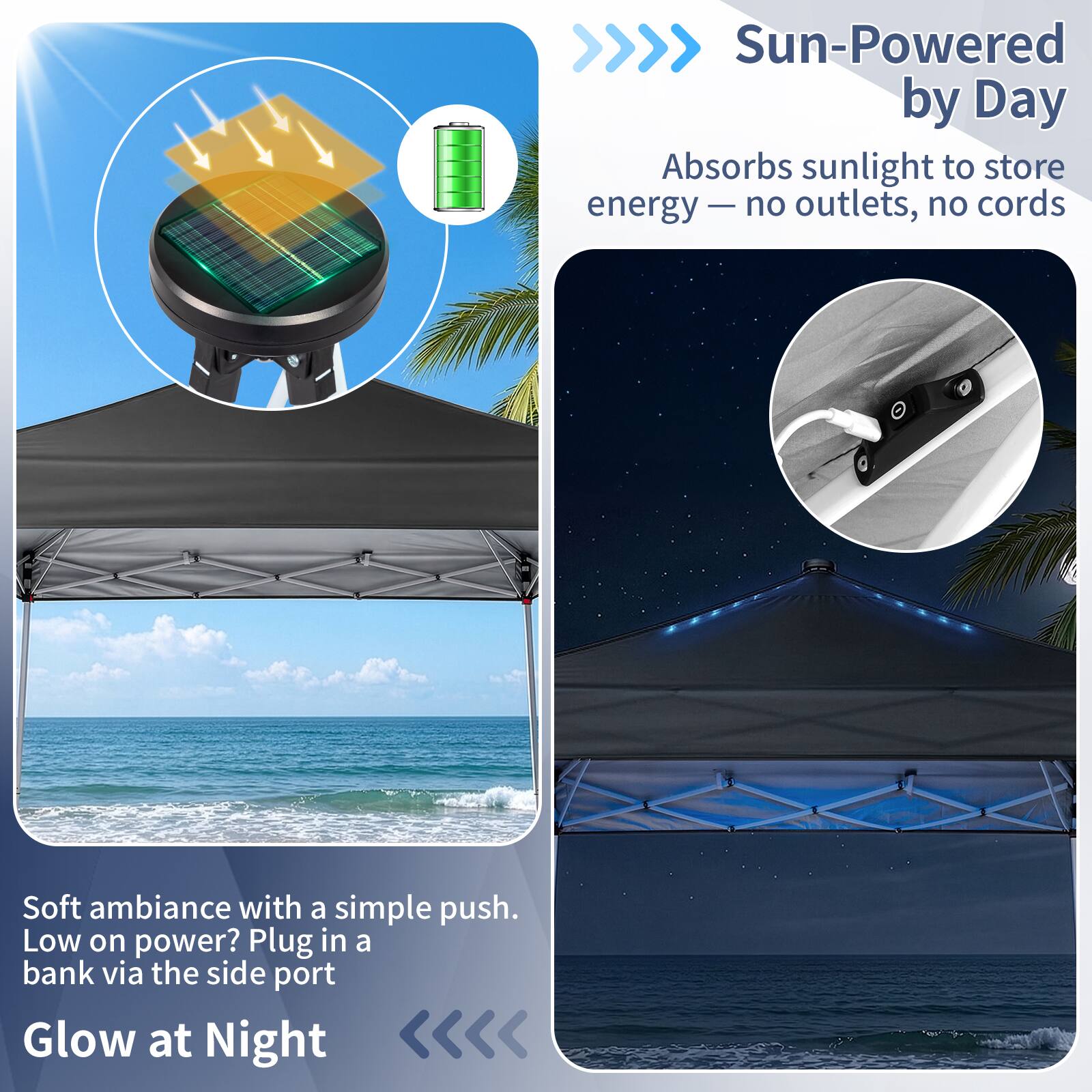 Sun-Powered by Day  
Absorbs sunlight to store energy — no outlets, no cords  

Soft ambiance with a simple push.  
Low on power? Plug in a bank via the side port  

Glow at Night