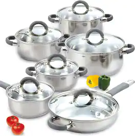 Cook N Home - 12Pc Basics Stainless Steel Cookware Set, Silicone Handle-Non-Toxic, Induction Ready, Oven & Dishwasher Safe - Silver