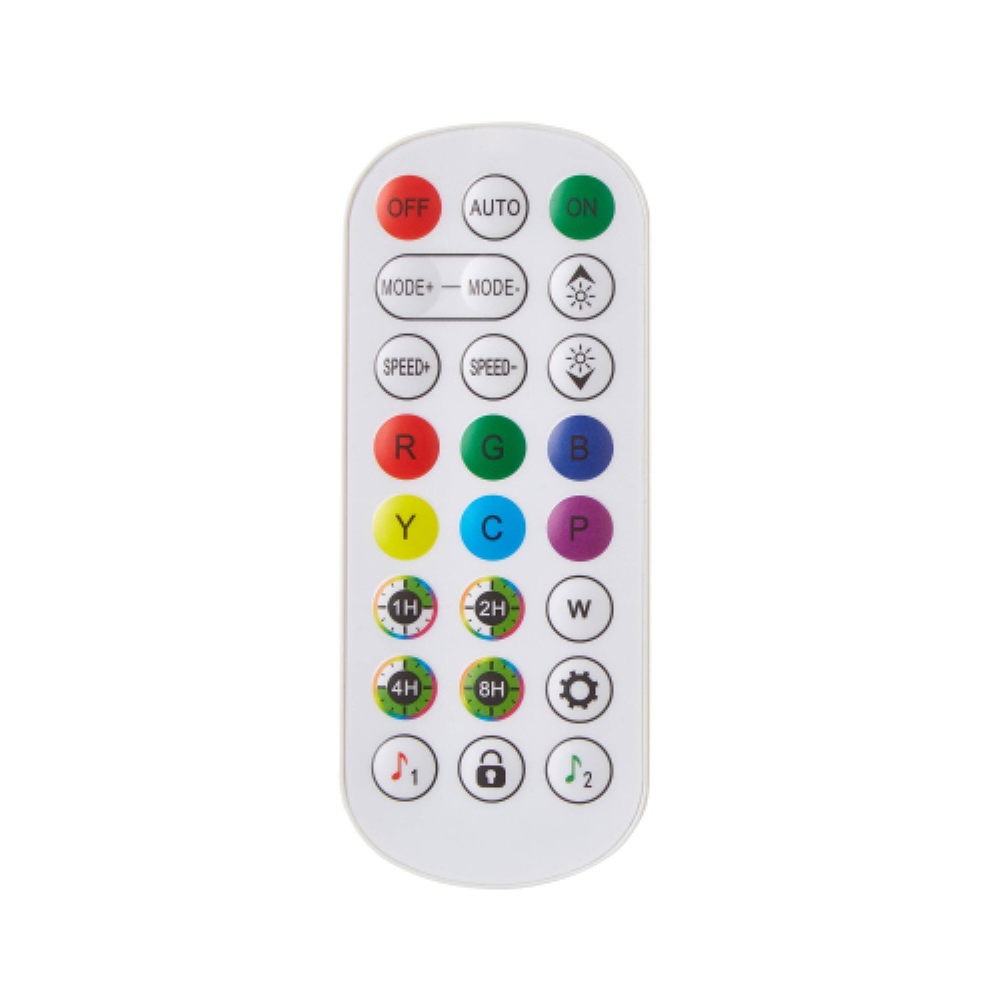 OFF AUTO ON MODE | MODE SPEED+ SPEED- R G B Y C P 1H 2H W 4H 8H 1 2