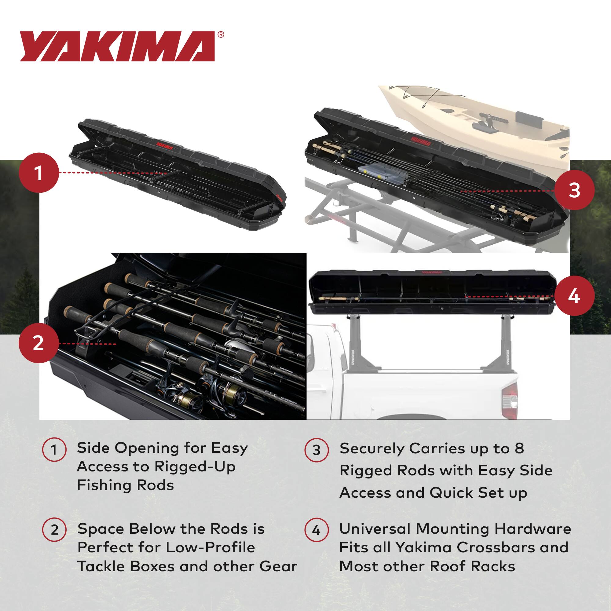 1. Side Opening for Easy Access to Rigged-Up Fishing Rods

2. Space Below the Rods is Perfect for Low-Profile Tackle Boxes and other Gear

3. Securely Carries up to 8 Rigged Rods with Easy Side Access and Quick Set up

4. Universal Mounting Hardware Fits all Yakima Crossbars and Most other Roof Racks