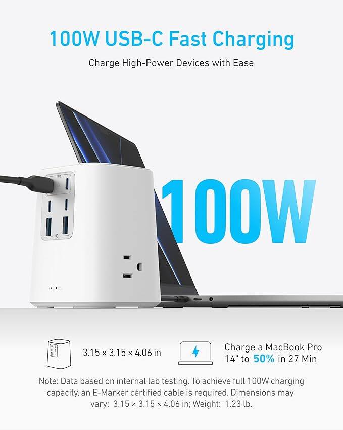 100W USB-C Fast Charging  
Charge High-Power Devices with Ease  

100W  

Charge a MacBook Pro 14" to 50% in 27 Min  

Note: Data based on internal lab testing. To achieve full 100W charging capacity, an E-Marker certified cable is required.  

Dimensions: 3.15 x 3.15 x 4.06 in  
Weight: 1.23 lb