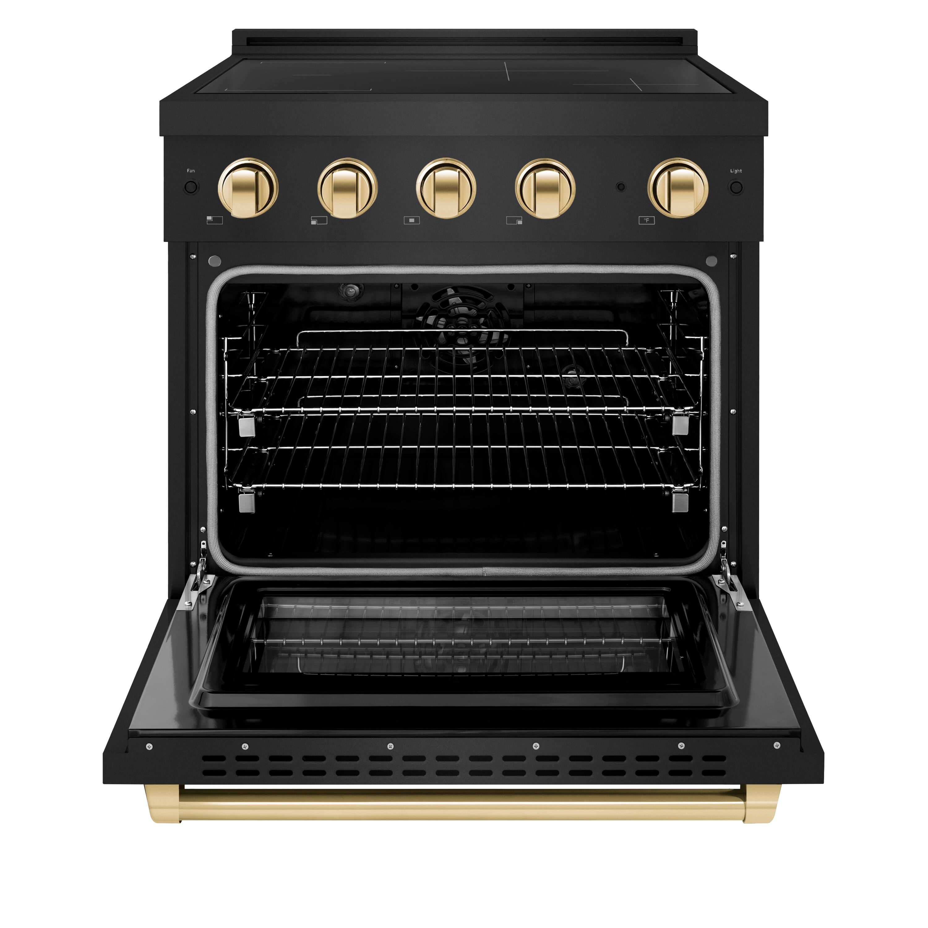 Angle. ZLINE - Autograph 30 in. 4.2 cu. ft. Paramount Freestanding Induction Range with 4 Burners in Black Steel with Gold Accents - Black Stainless Steel.
