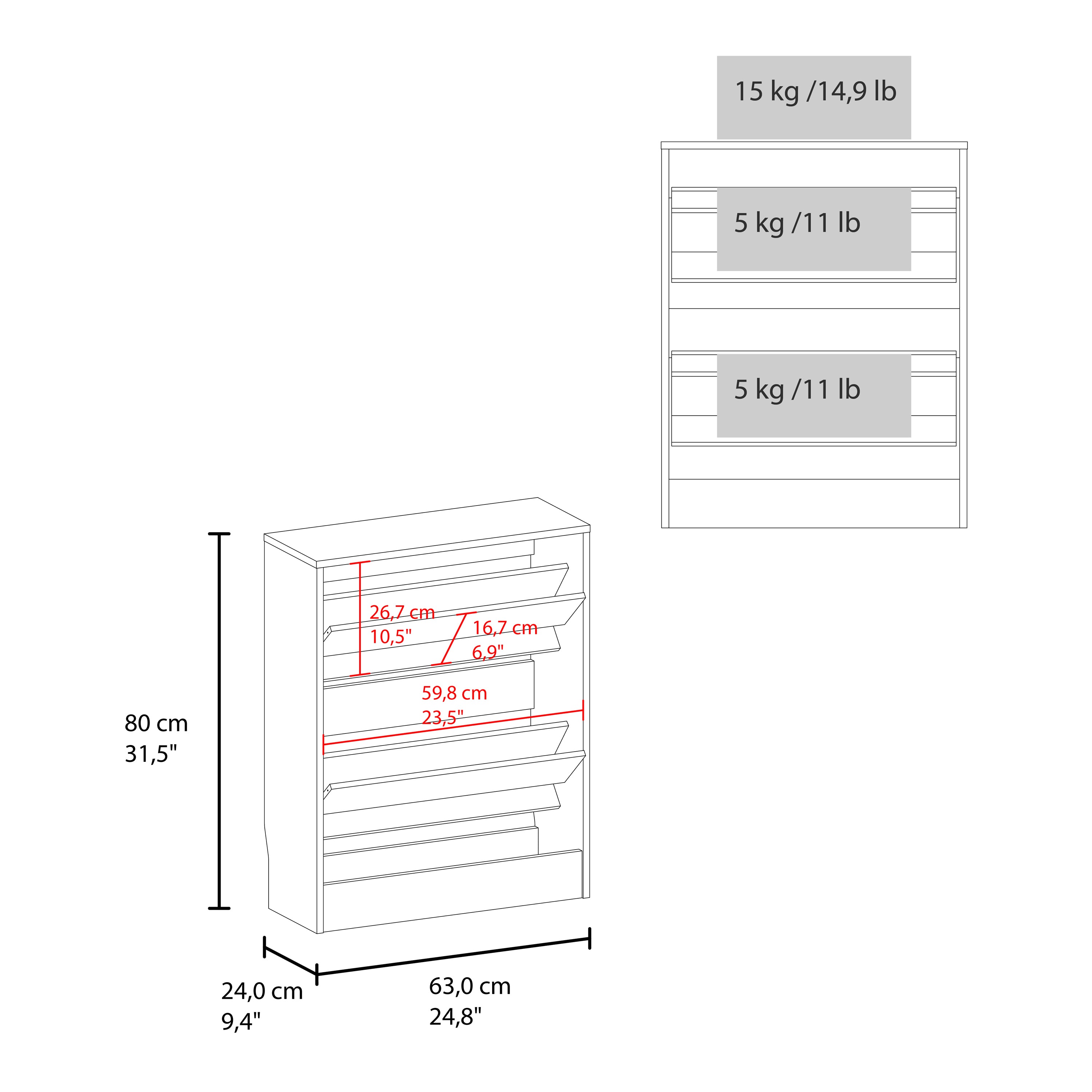 15 kg /14,9 lb  
5 kg /11 lb  
5 kg /11 lb  
26,7 cm 10,5"  
16,7 cm 6,9"  
80 cm 31,5"  
59,8 cm 23,5"  
24,0 cm 9,4"  
63,0 cm 24,8"