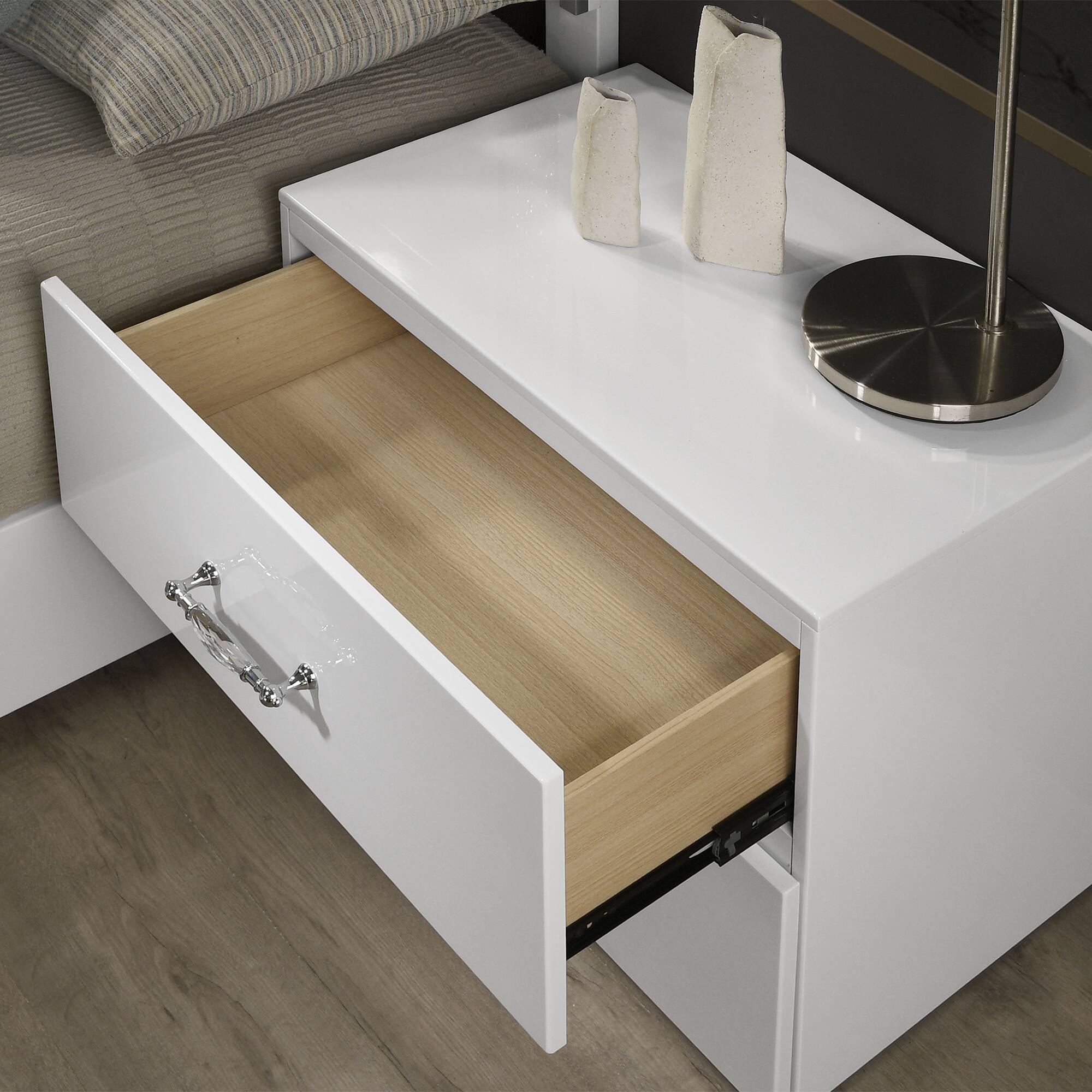 Left. Vaczon - Elegant 2-Drawer Bedroom Chest with Smooth Metal Glides and Acrylic Chrome Pulls - White.