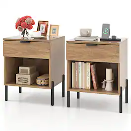 Costway - 2PCS Nightstand with Charging Station Drawer Compartment Modern Side End Table - Natural